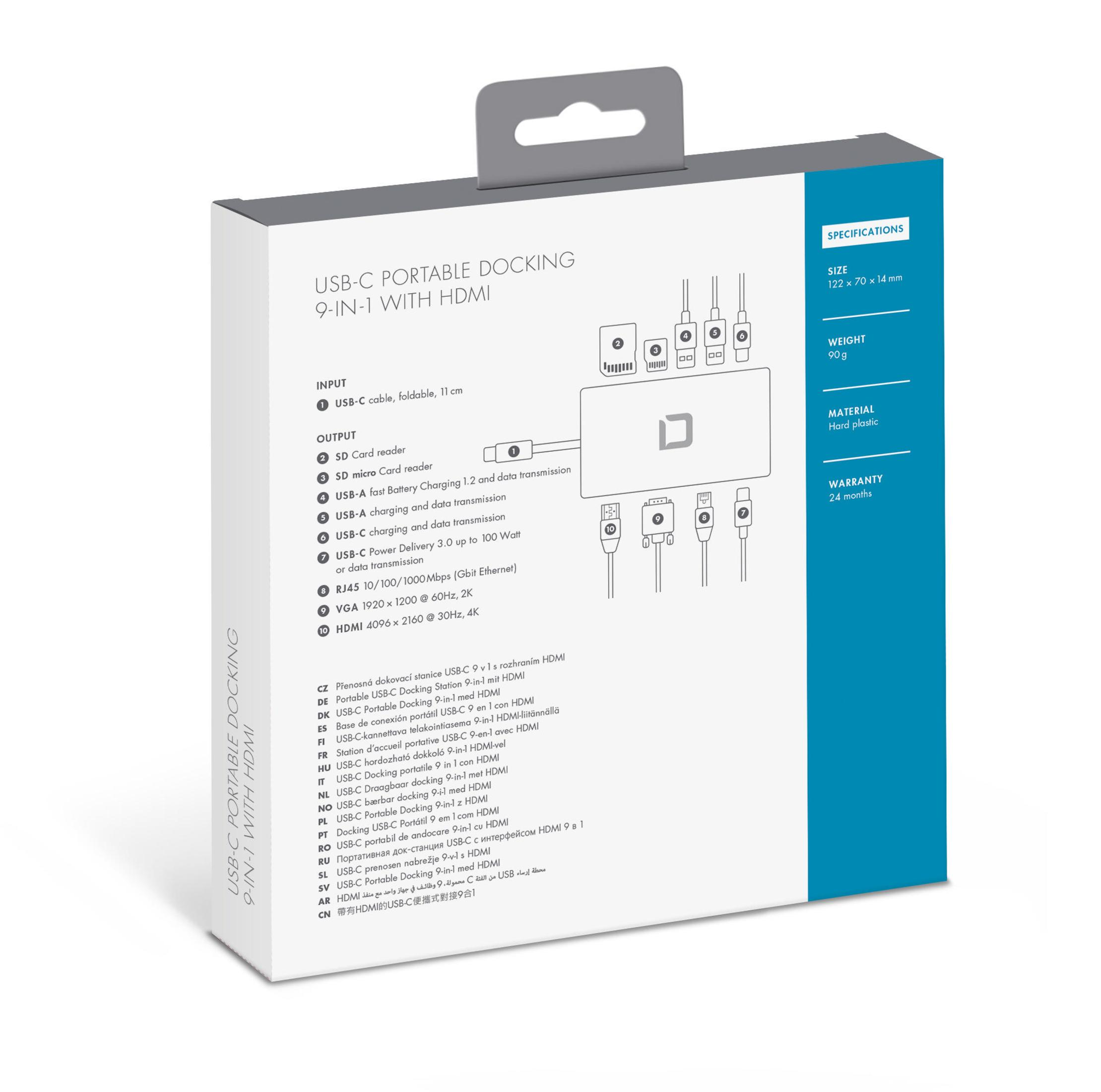 Dockingstation-Box, USB-C, 9-in-1 HDMI. Enthält Anschlüsse und Produktinfo. Weißer Hintergrund.