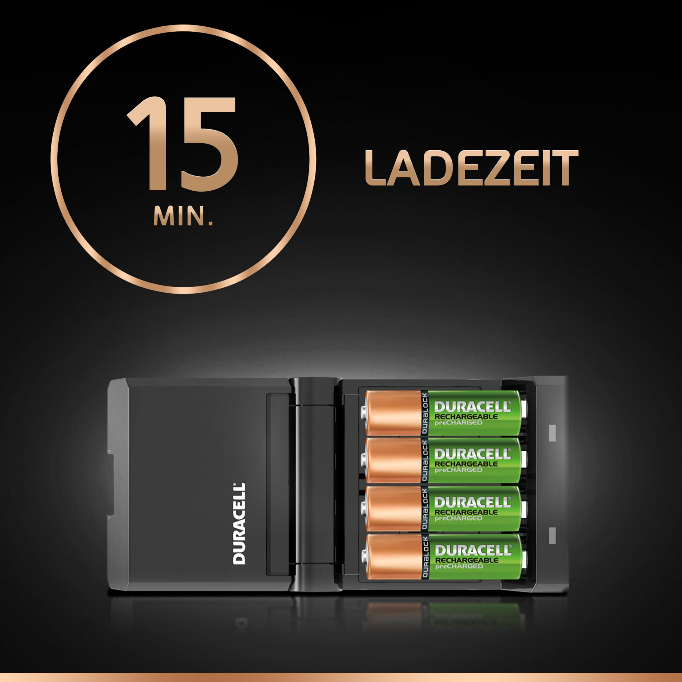 Duracell-Batterieladegerät, das Batterien lädt. Zeigt Ladegerät und Batterien.