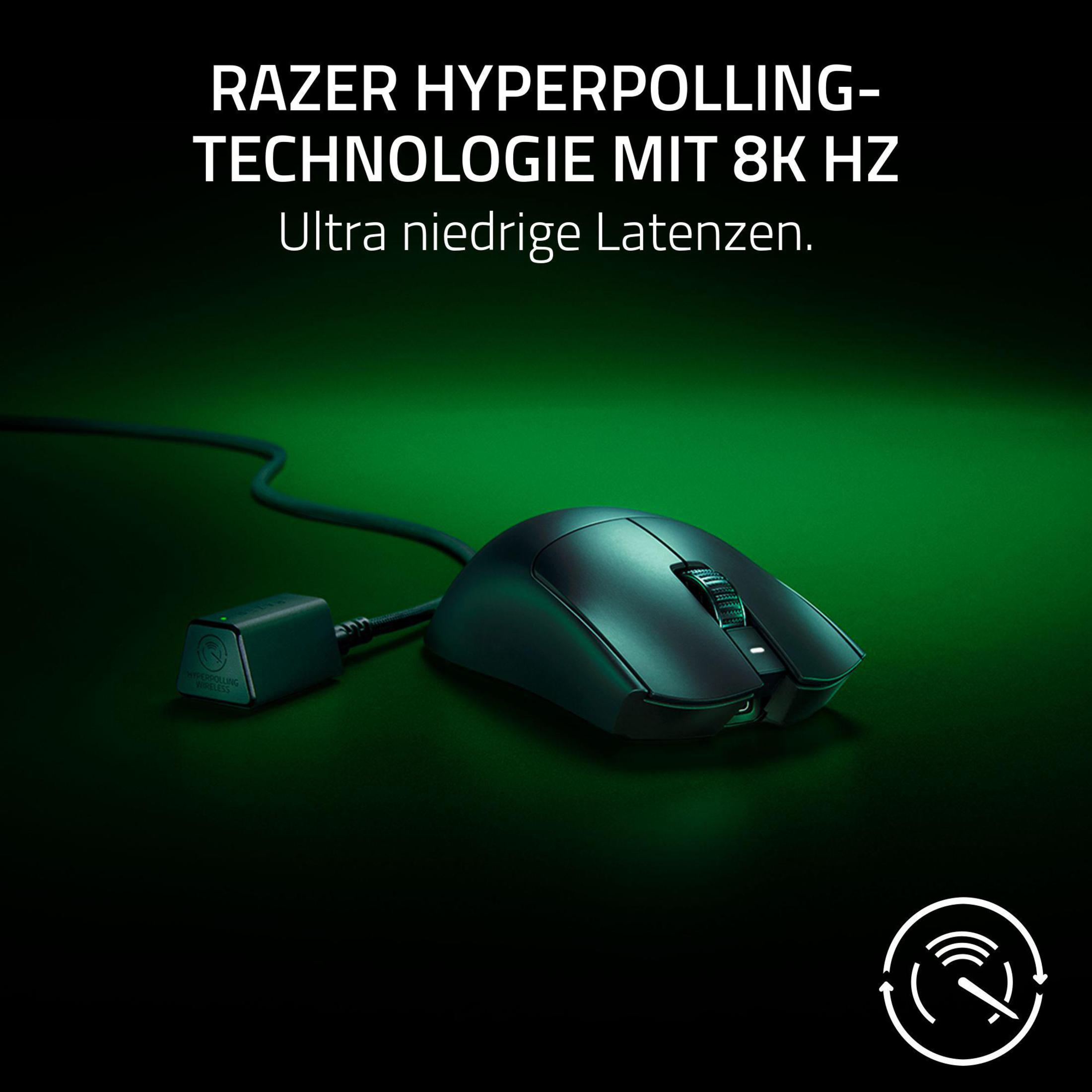 Mouse da gaming Razer nero con dock di ricarica, testo sulla tecnologia HyperPolling.