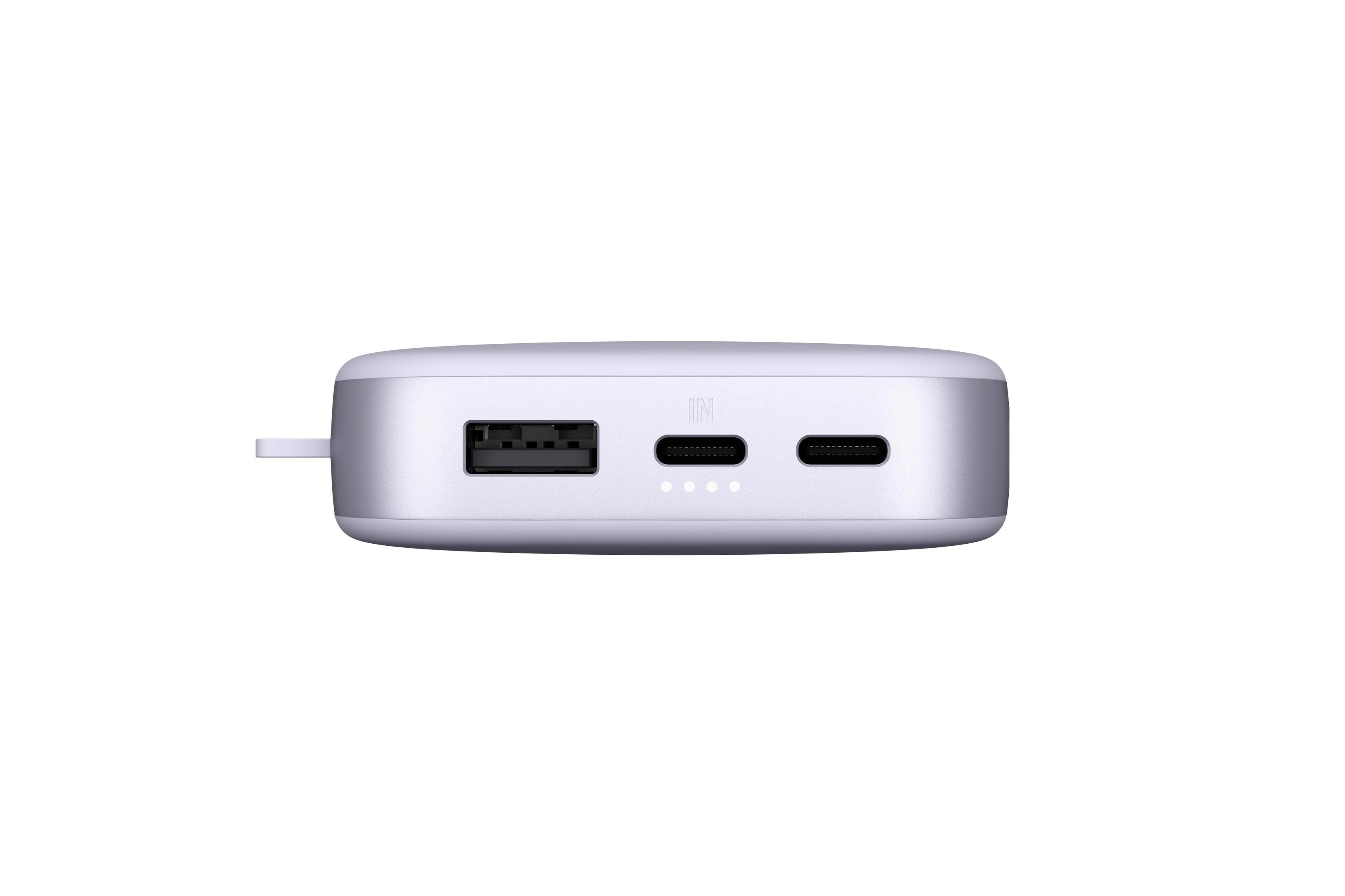 Szary power bank z portami USB i USB-C.