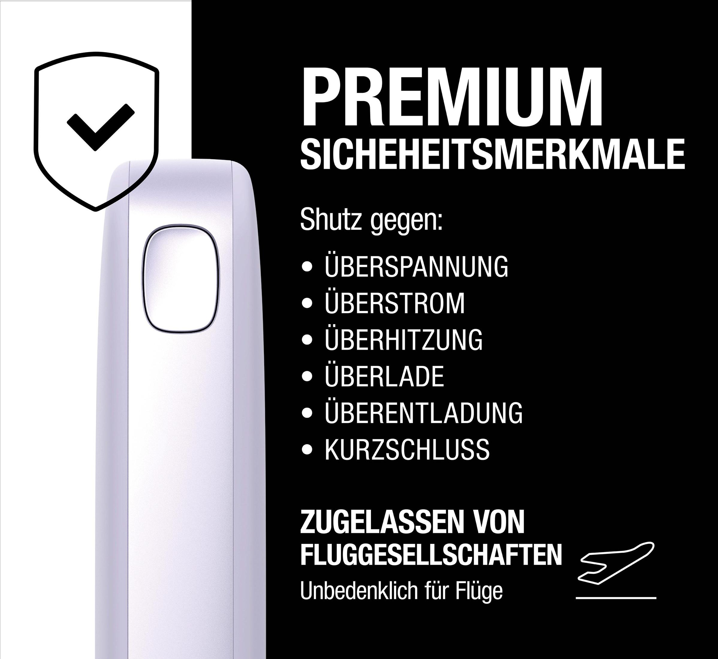 Białe urządzenie z logo tarczy i tekstem o funkcjach ochronnych. Czarne tło.