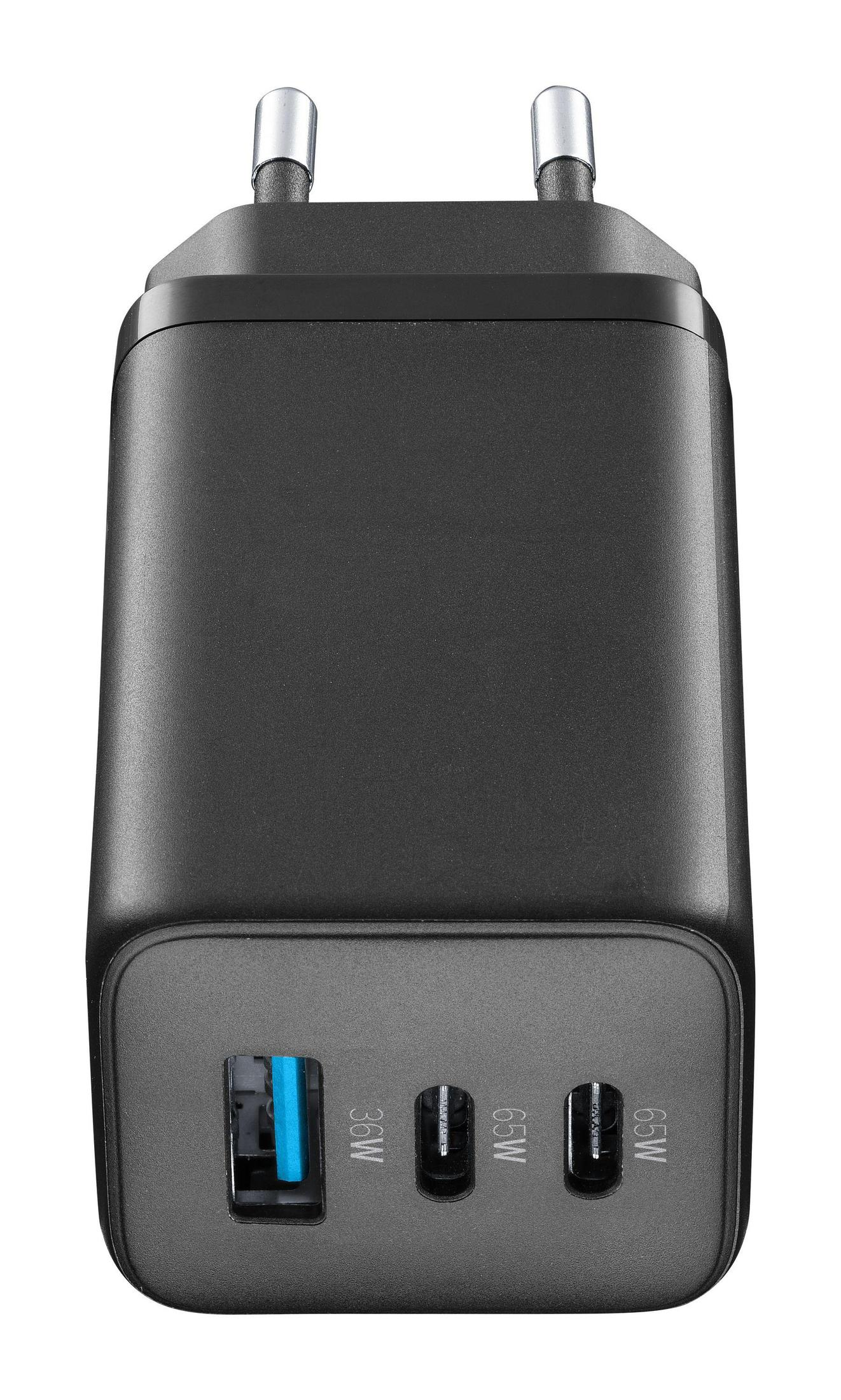 Schwarzes Ladegerät mit zwei USB-C-Anschlüssen und einem USB-Anschluss. Es hat 36W und 65W Markierungen.