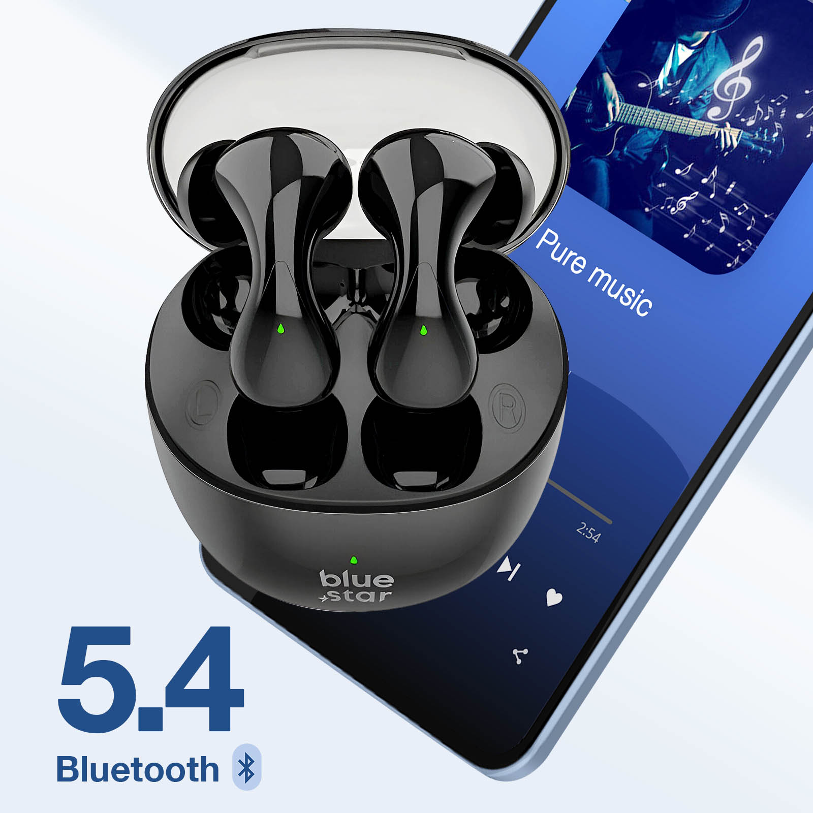 Des écouteurs sans fil noirs et leur étui de chargement sont sur un écran de téléphone bleu.  De la musique est en cours de lecture.