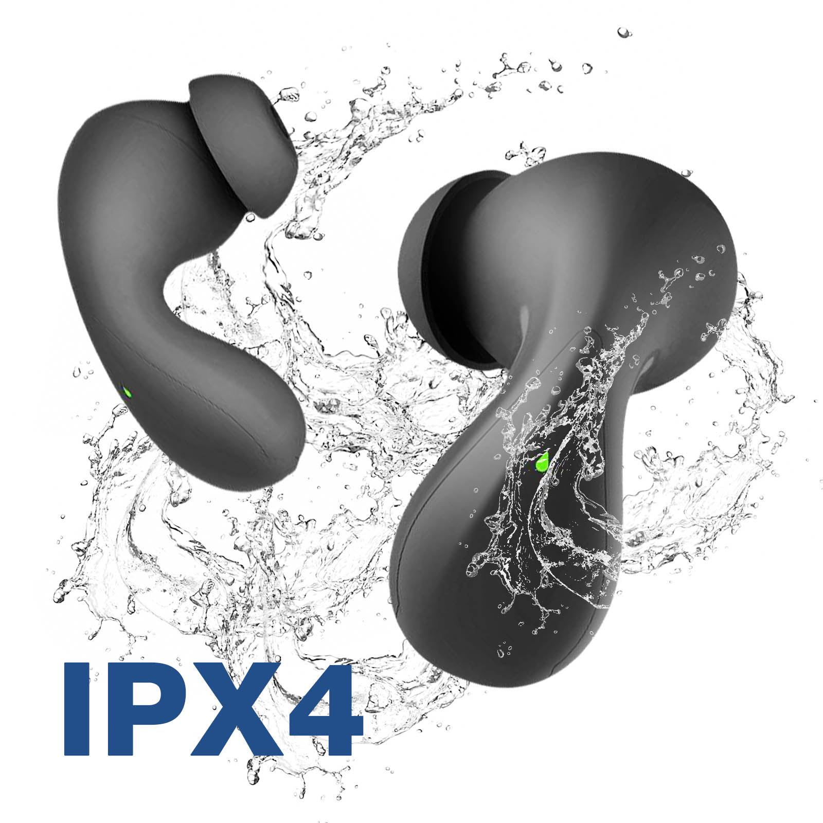 Deux écouteurs gris avec éclaboussures d'eau. Texte "IPX4" en bleu.