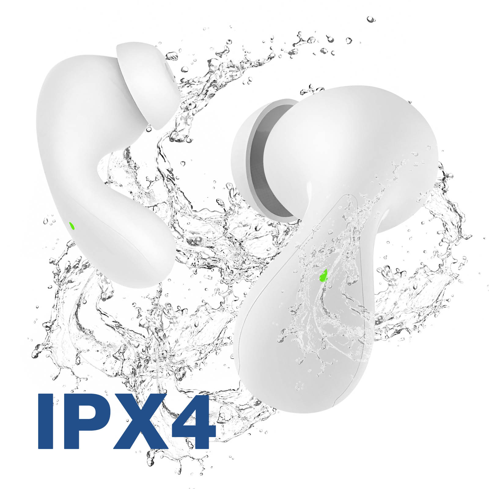 Weiße kabellose Ohrhörer mit Wasserspritzeffekten und dem Text IPX4 in Blau, auf weißem Hintergrund.