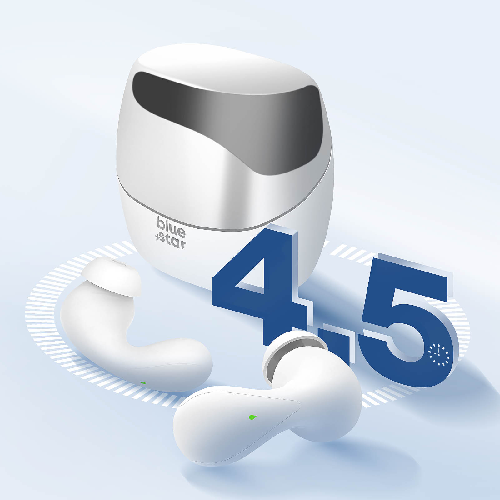 Weiße und silberne Ohrhörer mit Ladecase, markiert mit "4,5".