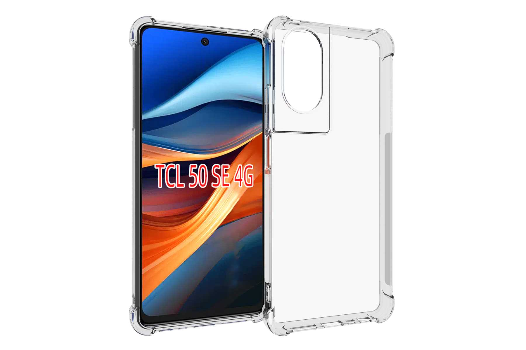 Ein Telefon mit dem Text TCL 50 SE 4G befindet sich in einer transparenten Schutzhülle. Der Bildschirm ist orange und blau.