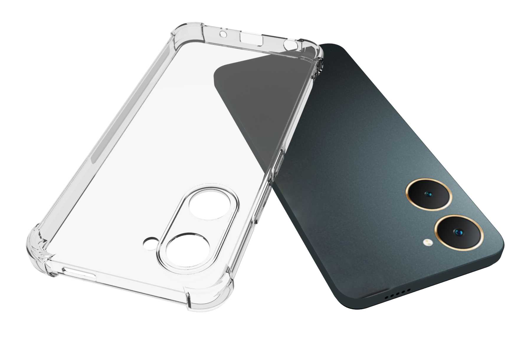Eine transparente Handyhülle neben einem Smartphone. Das Telefon hat eine dunkelgrüne Rückseite und zwei Kameralinsen.