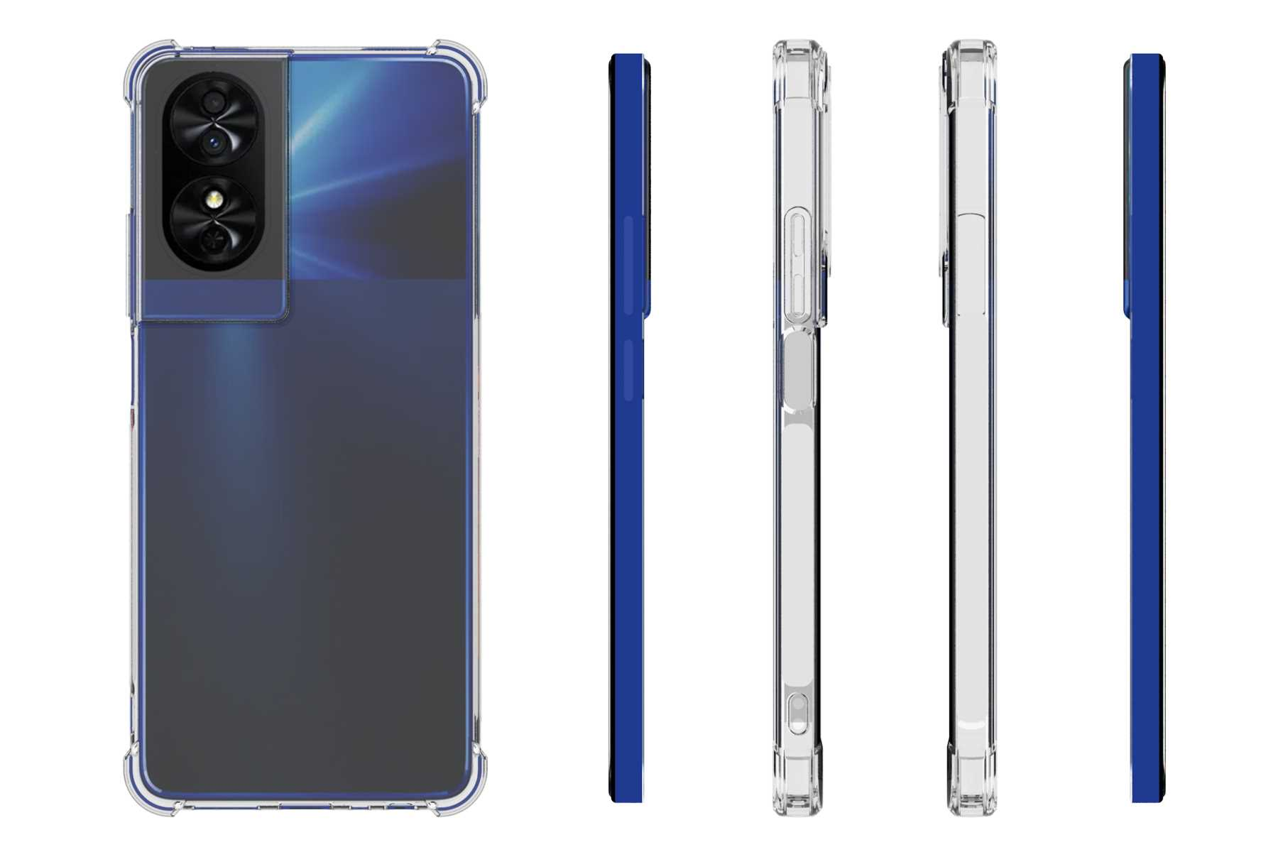 Eine blaue Hülle mit Telefon. Mehrere Ansichten der Handyhülle werden gezeigt. Weißer Hintergrund.