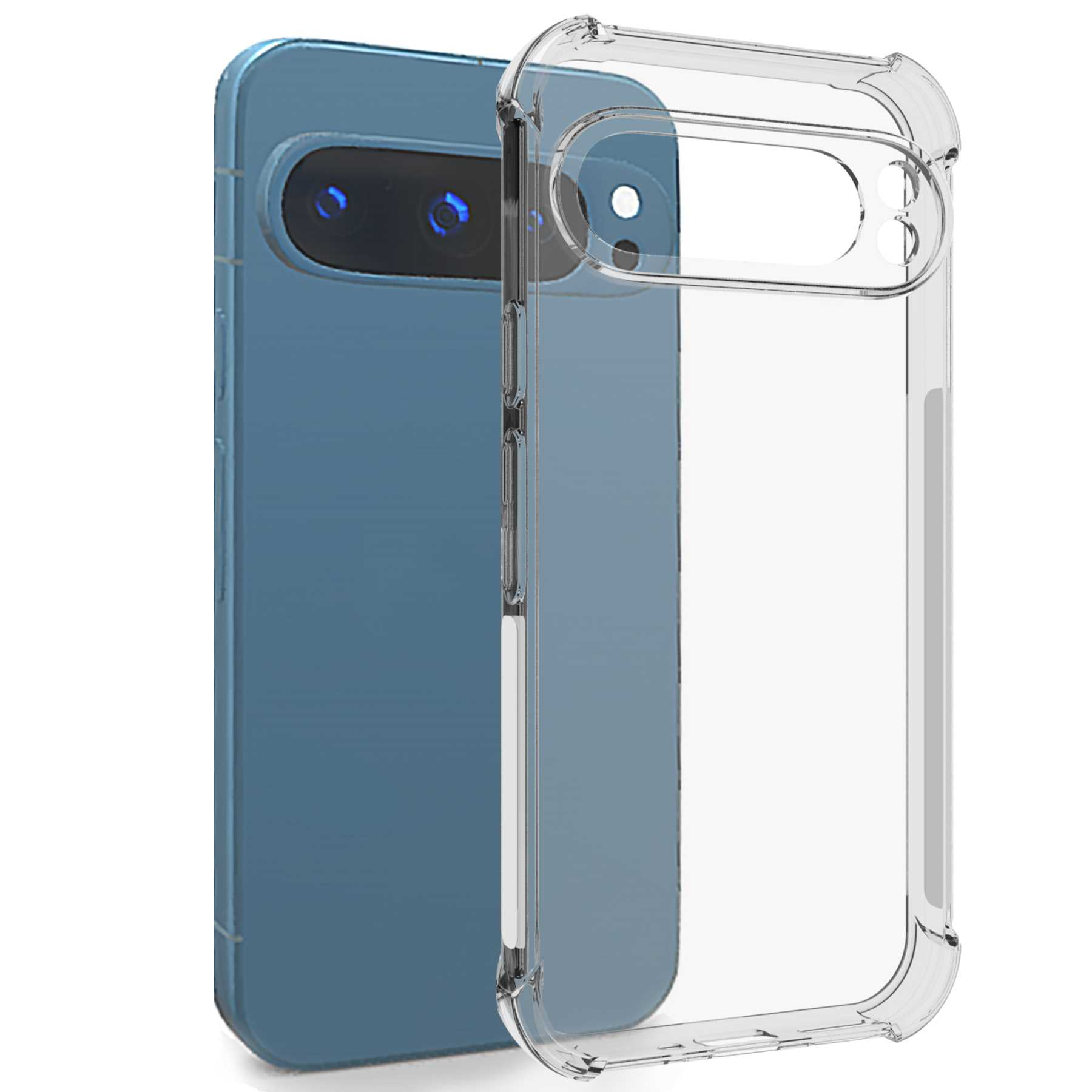Blaues Telefon mit transparenter Hülle. Die Hülle ist durchsichtig mit schwarzen Rändern.