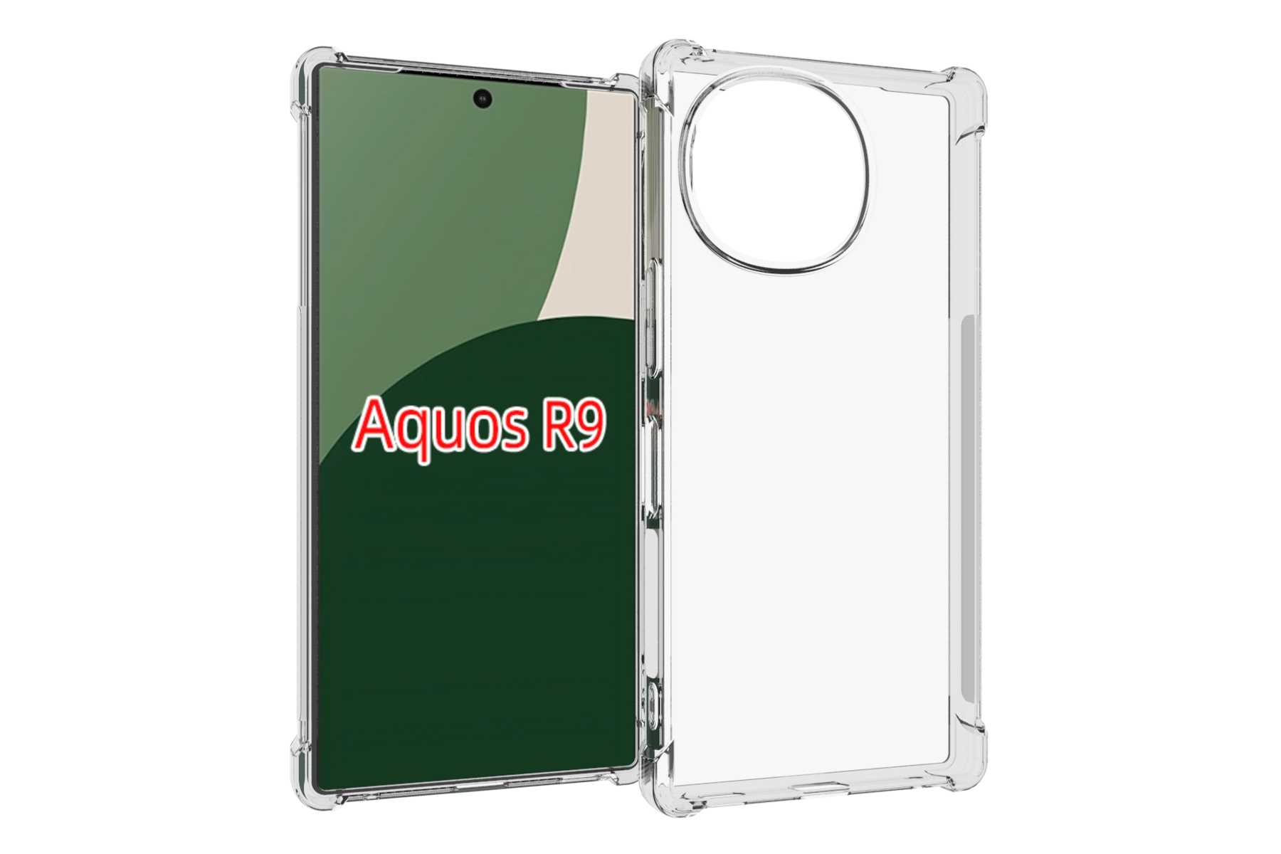 Eine Handyhülle mit einem Aquos R9 Telefon darin. Die Hülle ist transparent.