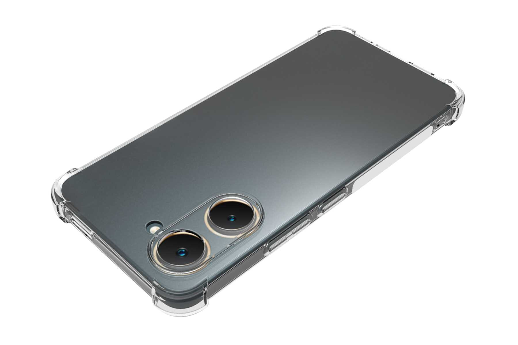 Telefon in klarer Hülle, Rückansicht. Drei Kameralinsen sichtbar. Weißer Hintergrund.