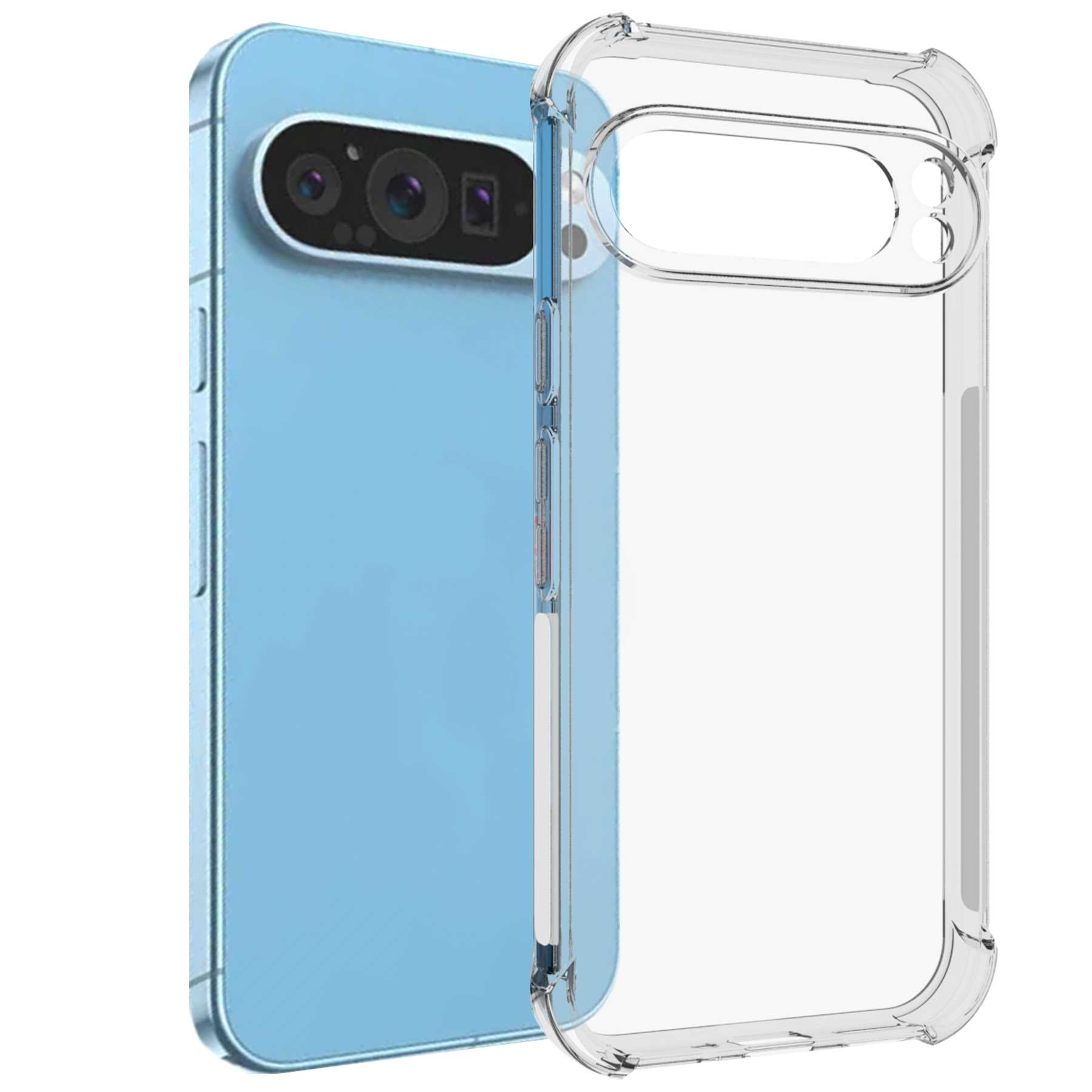 Blaues Telefon mit klarer Hülle. Rückseite des Telefons sichtbar.