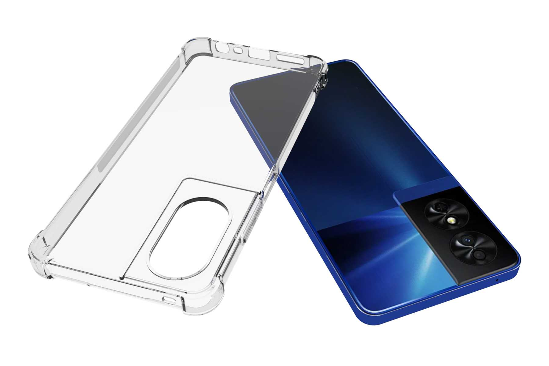Blaues Smartphone mit transparenter Hülle. Das Telefon hat eine Kamera und einen Bildschirm.