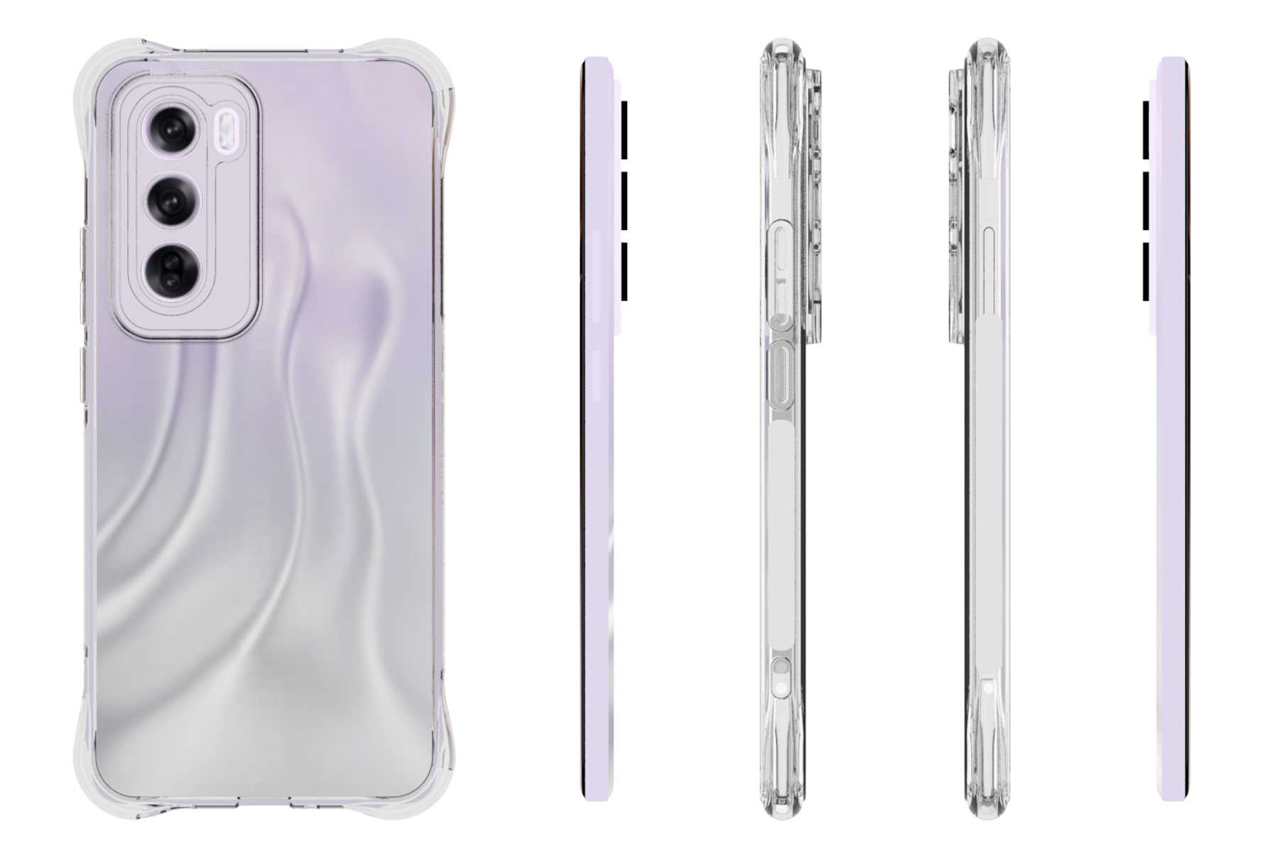 Transparente Handyhülle auf einem Telefon. Verschiedene Winkel. Klar mit lila Farbverlauf.
