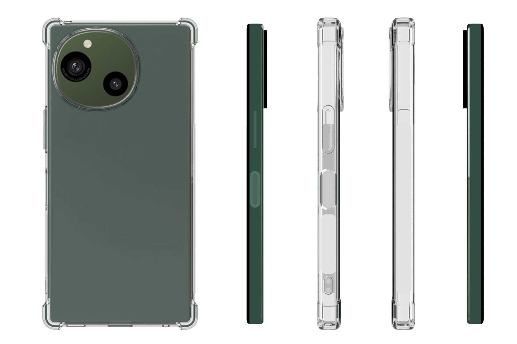 Smartphone mit grünem Rücken, transparente Hülle, mehrere Ansichten. Kamera im Fokus.