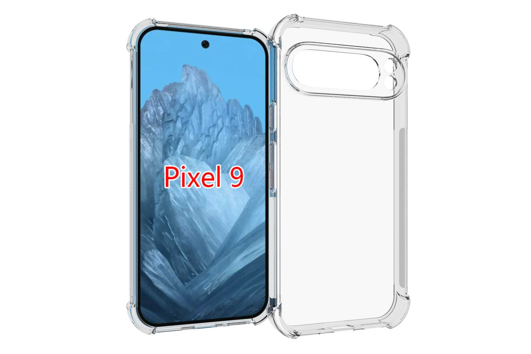 Transparente Pixel 9 Handyhülle mit Telefon, beschriftet 'Pixel 9'.