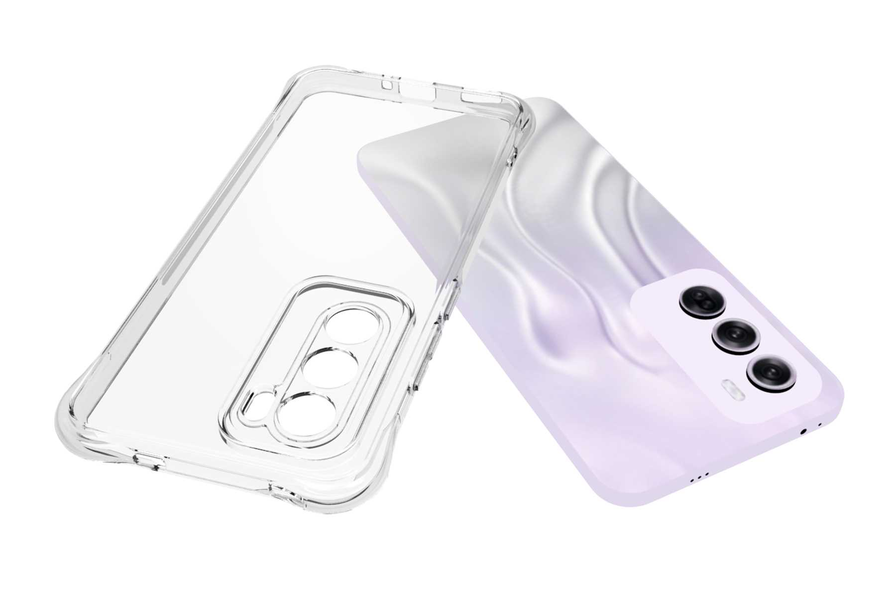 Transparente Handyhülle und ein Telefon. Das Telefon hat eine lila Rückseite mit drei Kameras. Weißer Hintergrund.