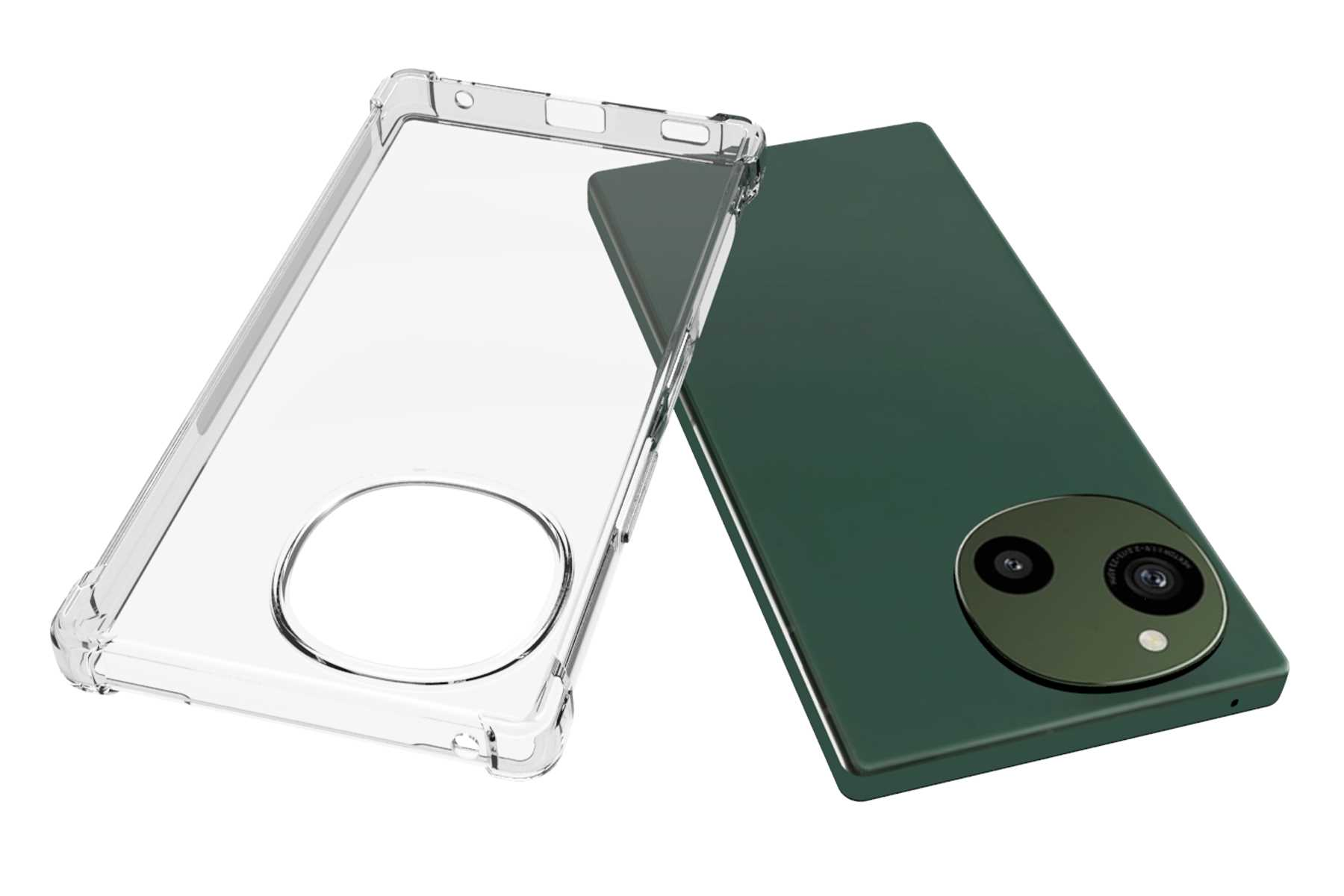Grünes Telefon mit klarer Hülle. Hülle ist abgenommen. Weißer Hintergrund.