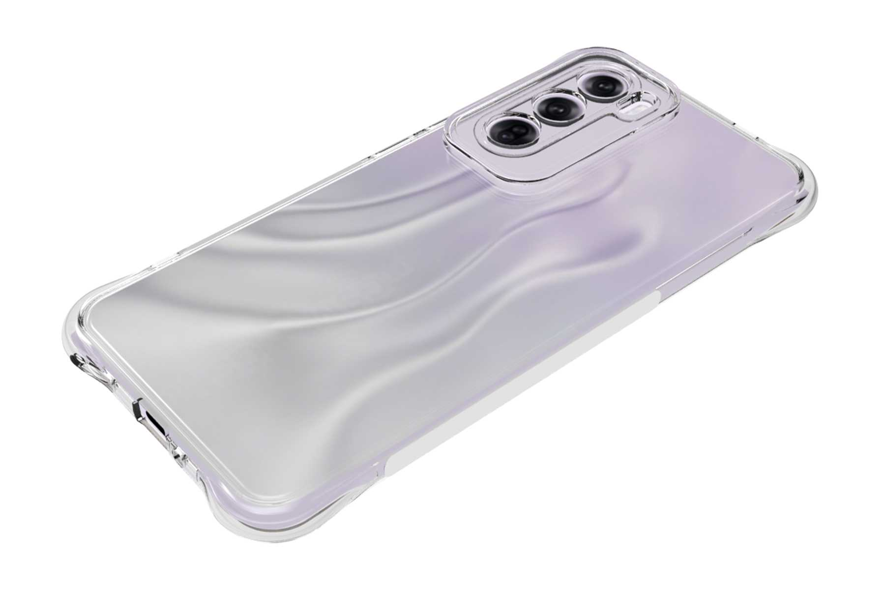 Eine transparente Handyhülle auf einem silbernen Telefon. Das Telefon hat drei Kameralinsen.