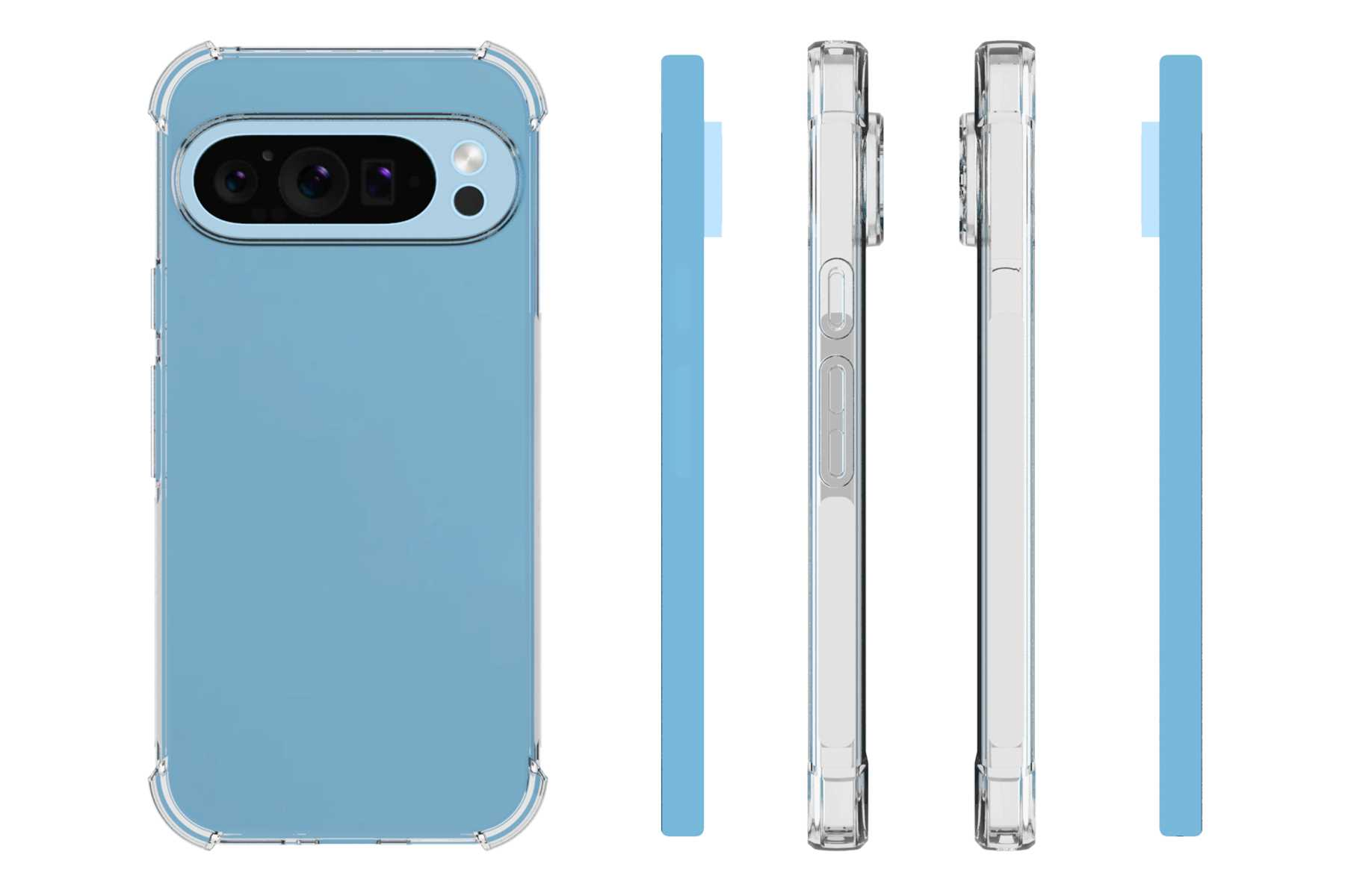 Eine Handyhülle mit Telefon, hellblauem Rückenteil und transparentem Rahmen.