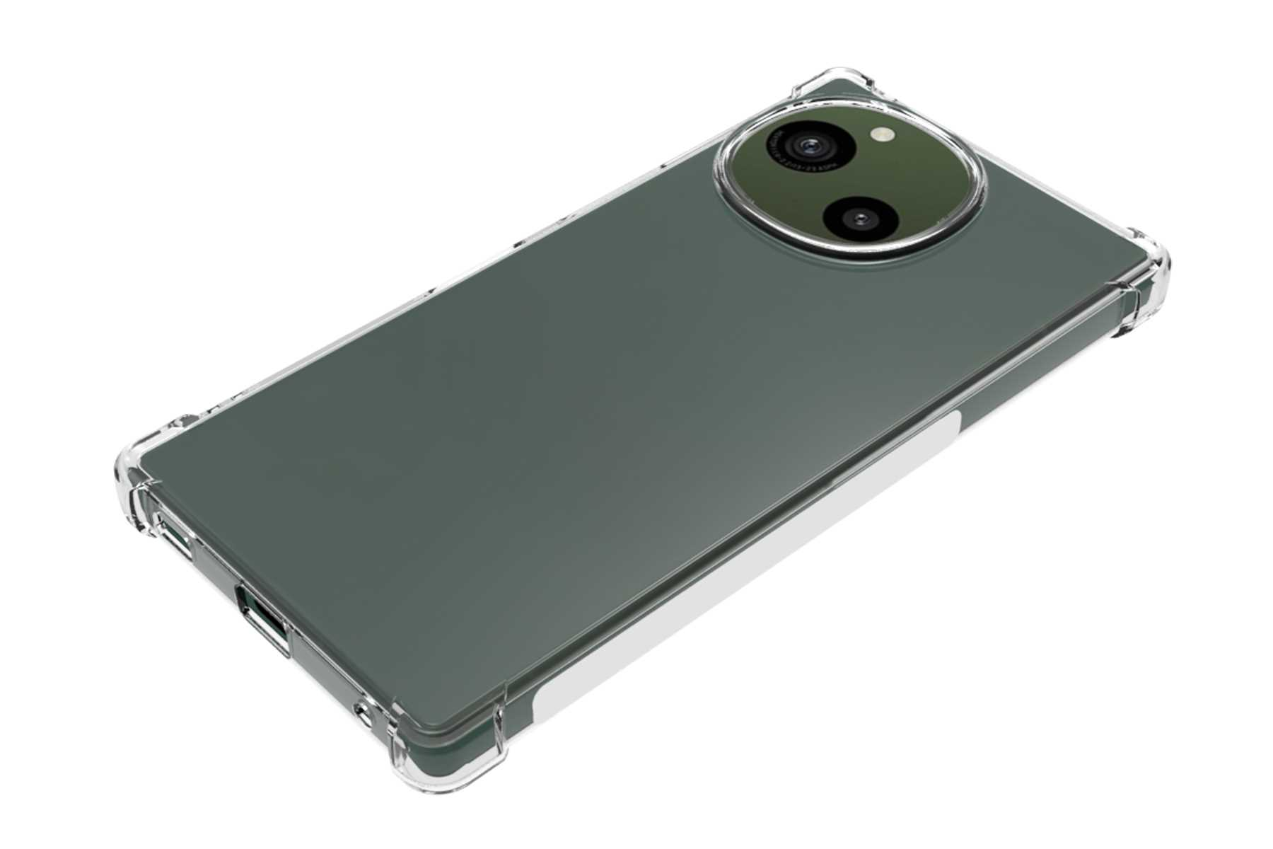 Smartphone in klarer Hülle, grünes Kameramodul, Rückansicht, weißer Hintergrund.