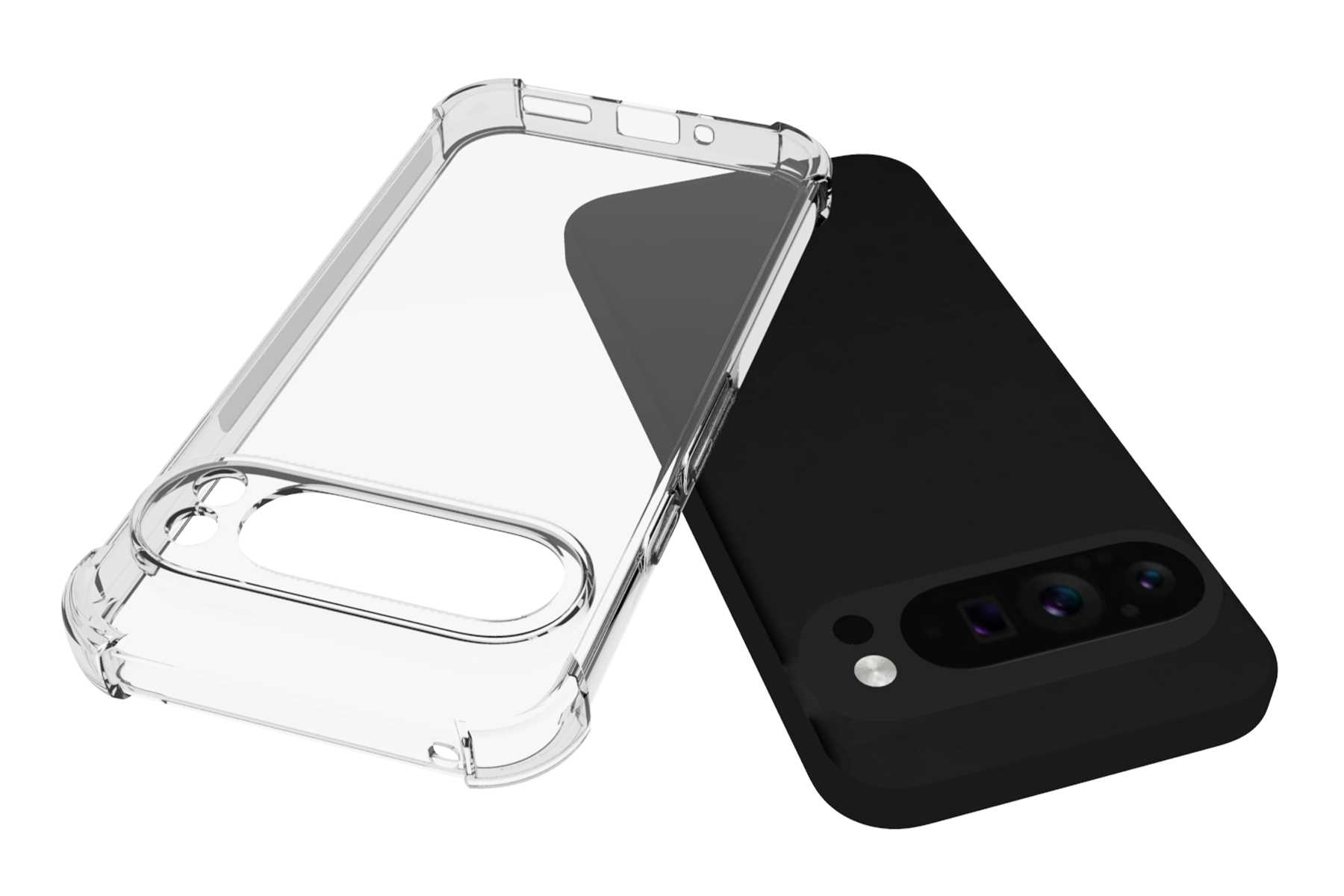 Telefon und eine durchsichtige Hülle. Das Telefon ist schwarz mit einer Kameraausbuchtung. Die Hülle ist transparent.