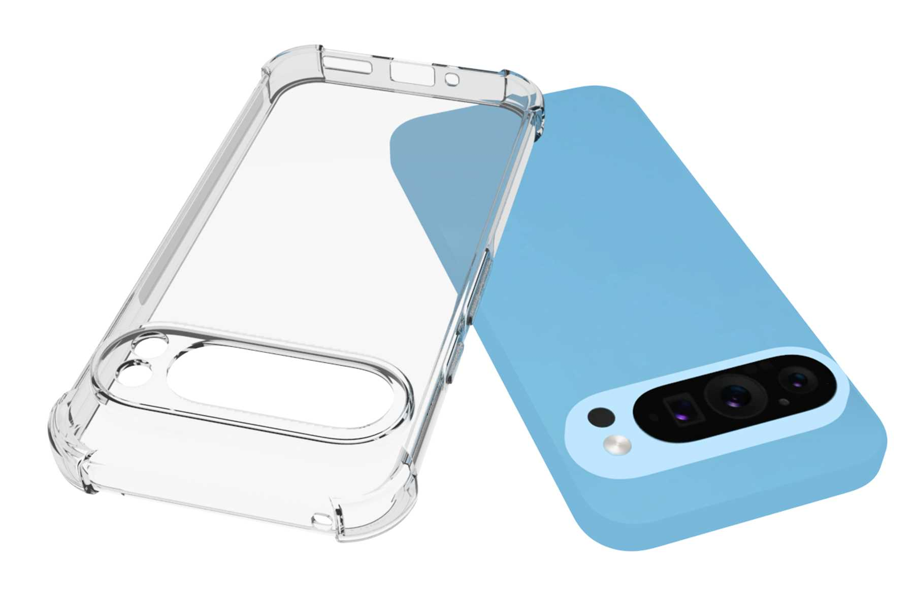 Eine transparente Handyhülle und ein blaues Telefon. Die Handyhülle ist offen.