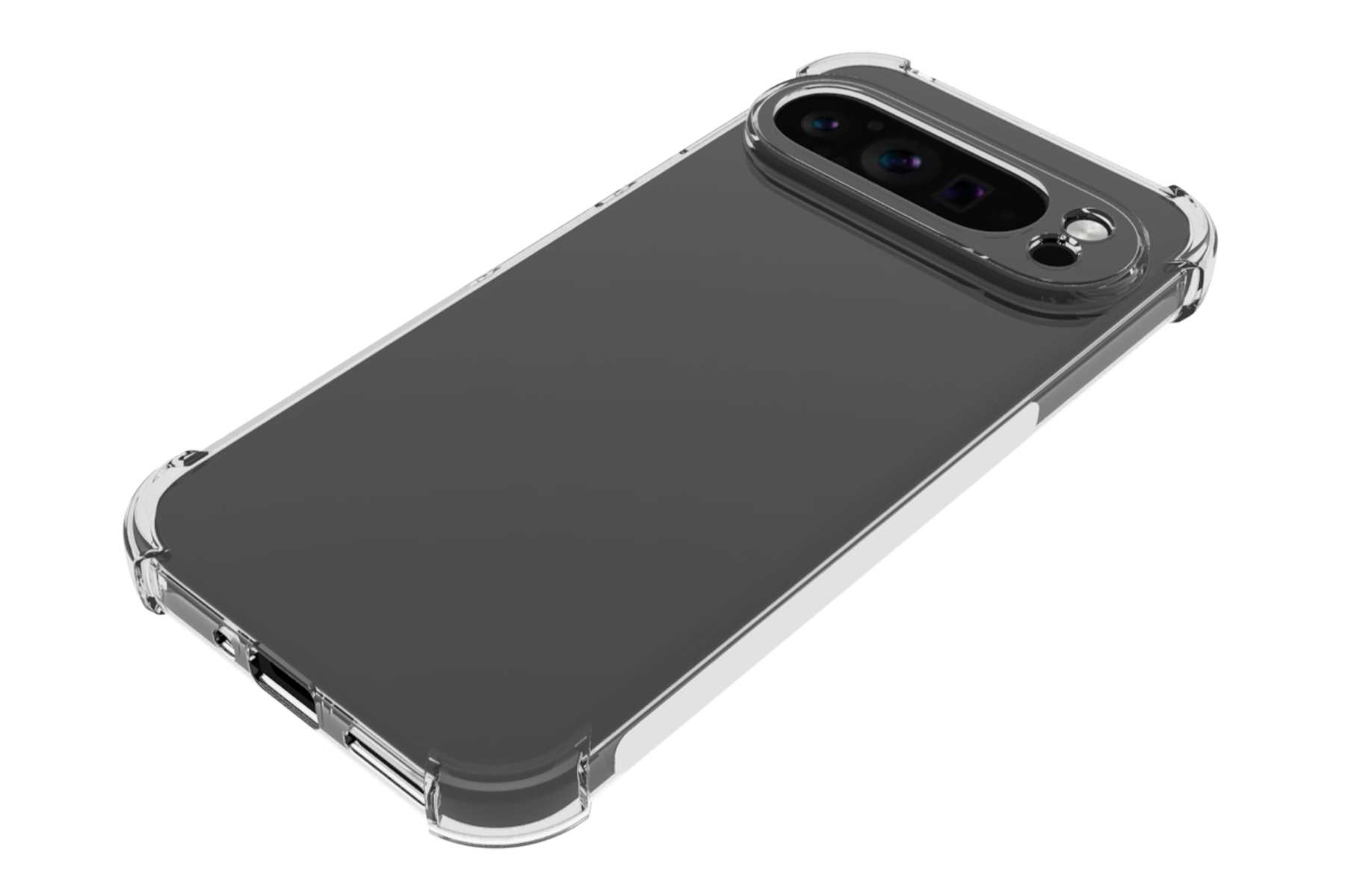Telefon in transparenter Hülle. Hülle hat Kameraausschnitt und schützt Rückseite und Seiten.
