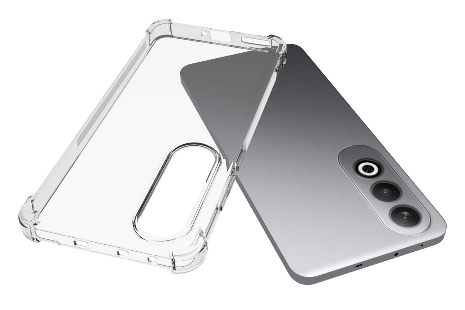 Ein Telefon und eine transparente Handyhülle, das Telefon ist silberfarben, die Kamera sichtbar.
