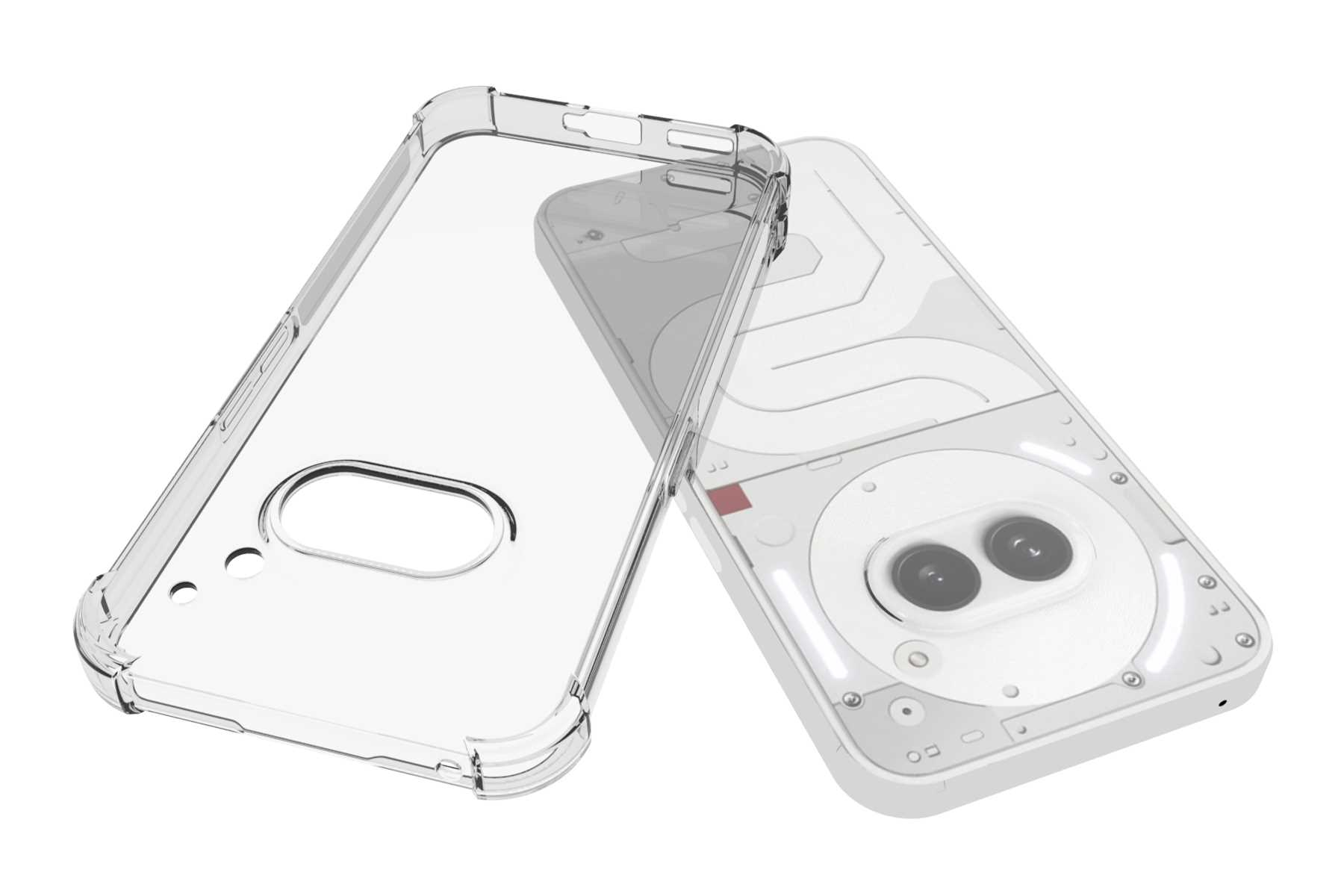 Eine transparente Handyhülle neben einem weißen Telefon, das Innenleben zeigt.
