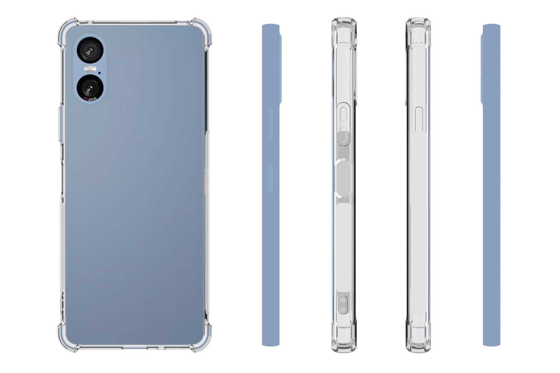 Ein Telefon und ein Hüllensatz in verschiedenen Ansichten. Die Hülle hat eine transparente Rückseite und einen blauen Rahmen.