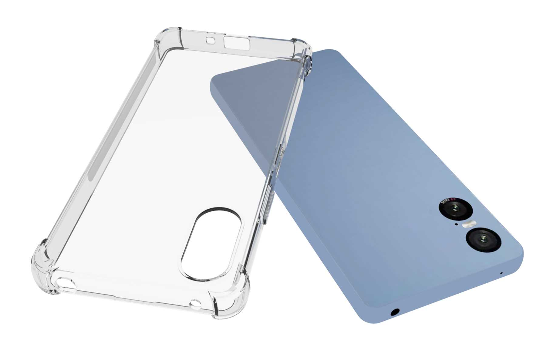 Klare Handyhülle neben einem blauen Telefon. Die Hülle ist transparent und die Rückseite des Telefons ist sichtbar.