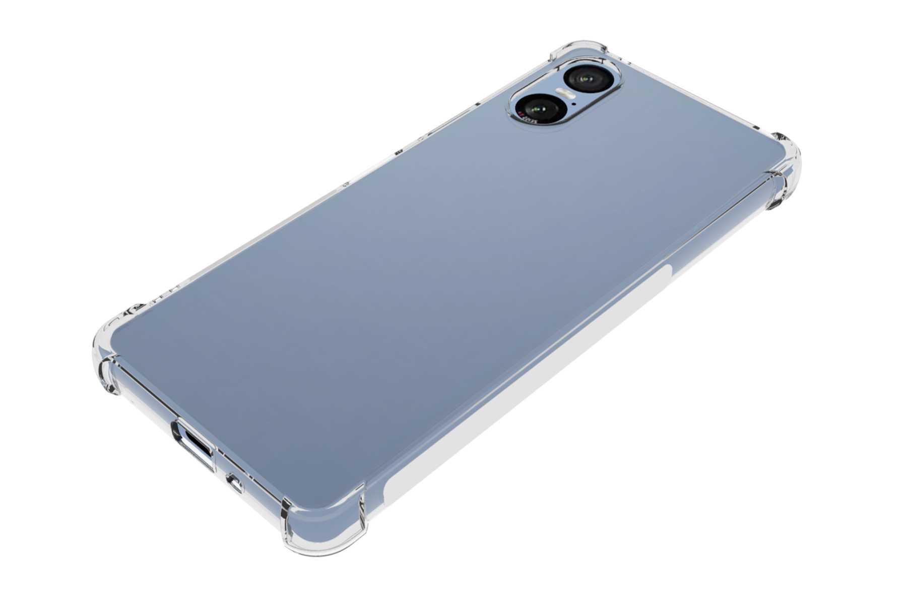 Ein hellblaues Telefon befindet sich in einer transparenten Schutzhülle. Die Hülle hat verstärkte Ecken zum Schutz.