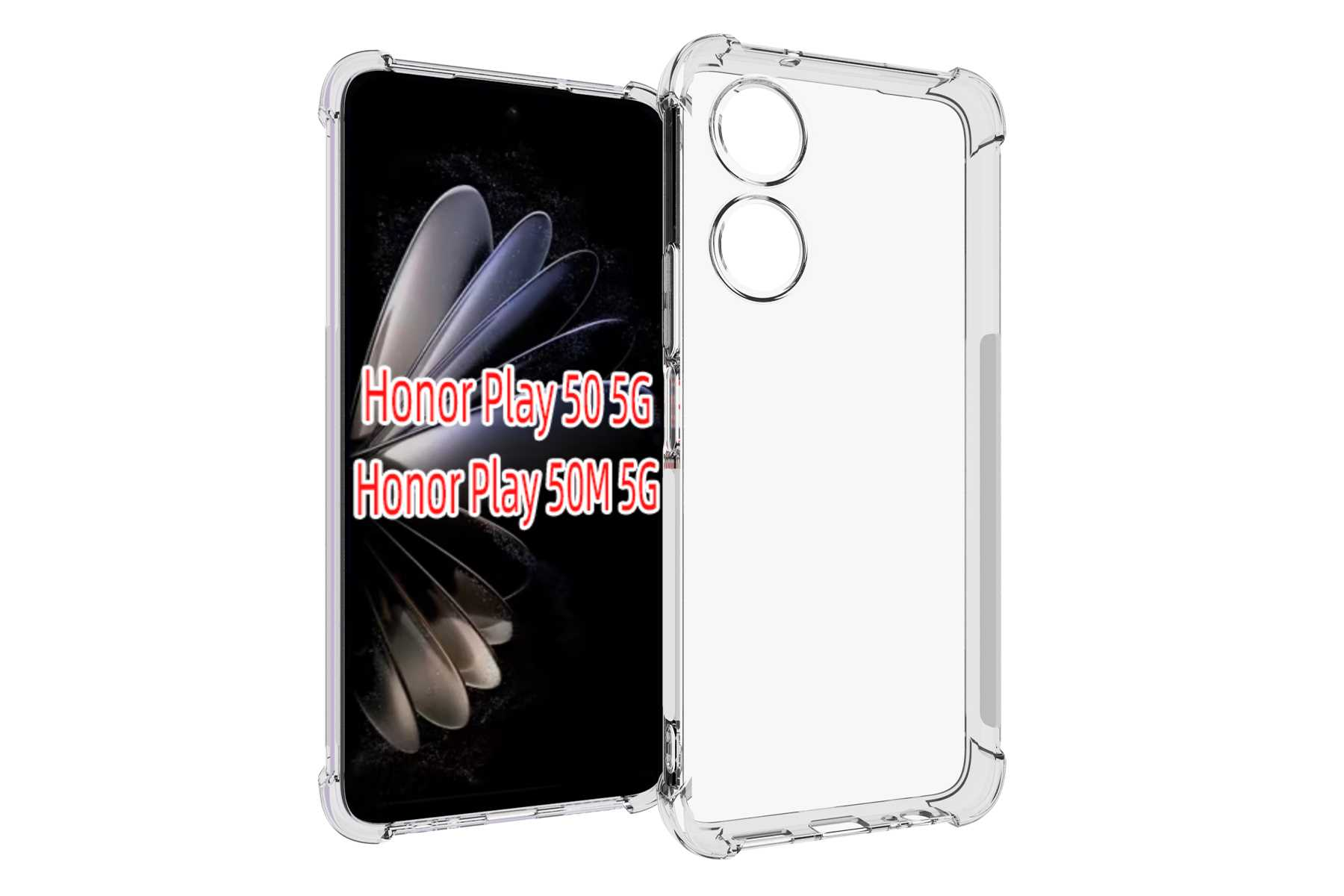 Eine transparente Handyhülle mit den Worten Honor Play 50 5G, Honor Play 50M 5G auf einem Telefonbildschirm.