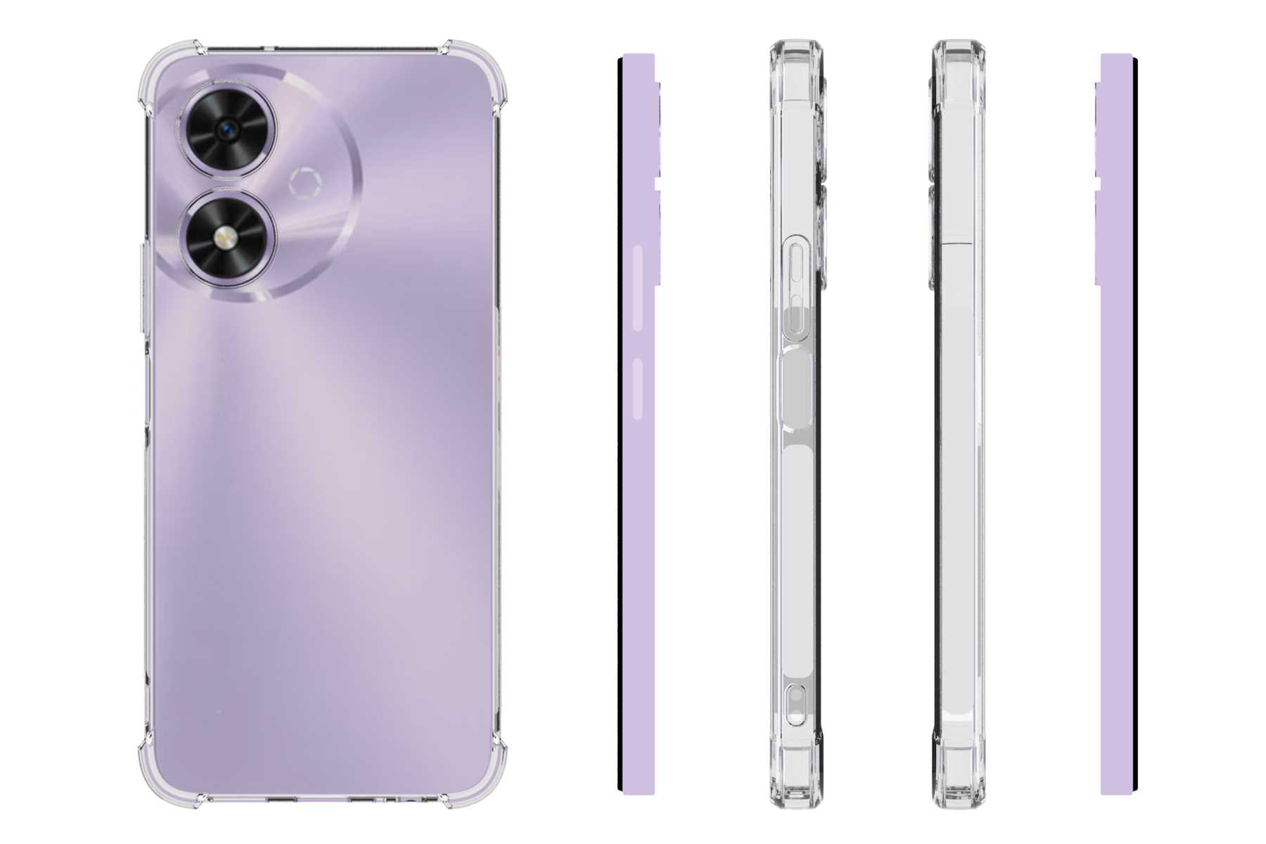 Ein Telefon in einer transparenten Hülle, das die Rück- und Seitenansichten zeigt.