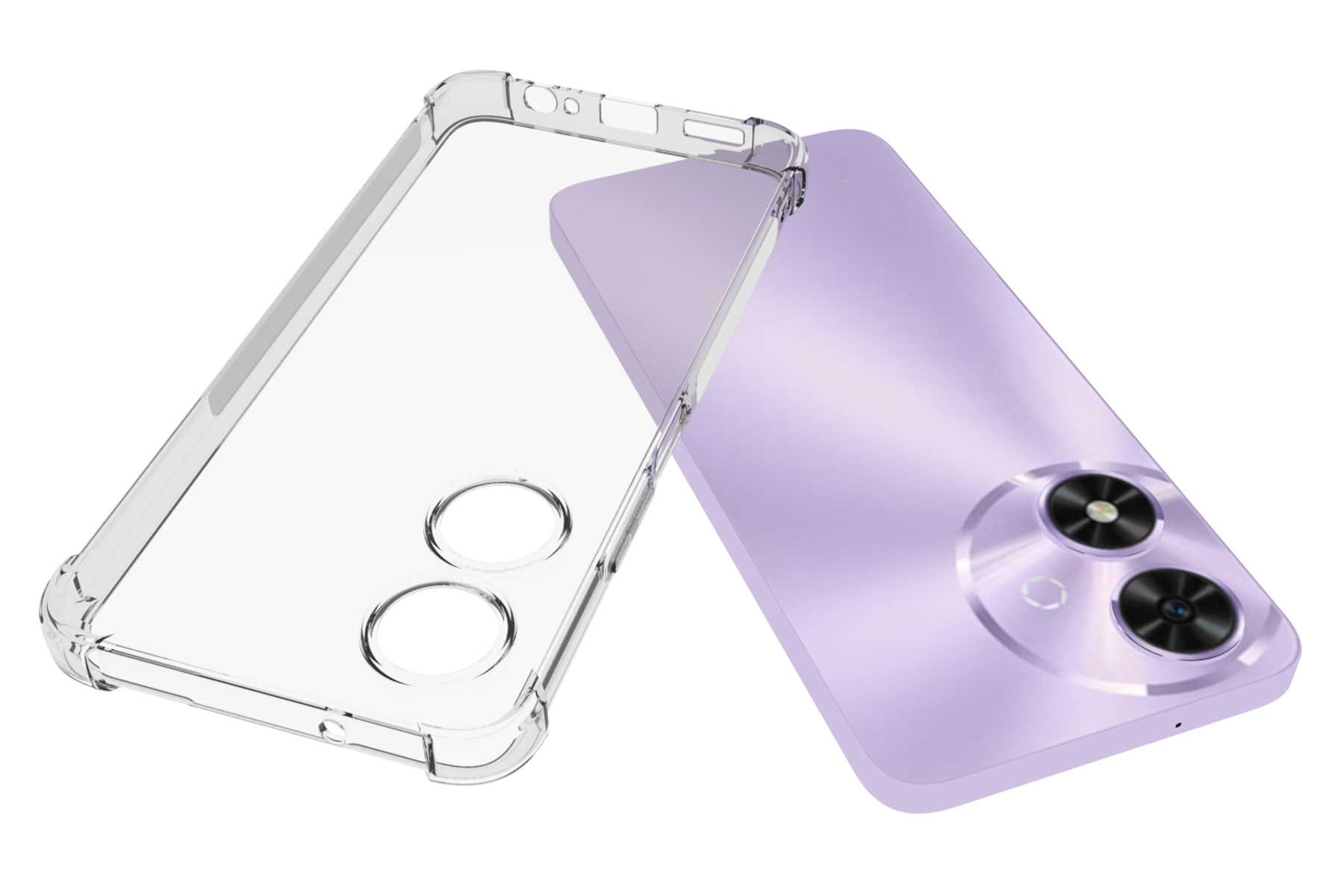 Ein Telefon mit lila Rückseite und transparenter Hülle. Die Hülle liegt daneben.