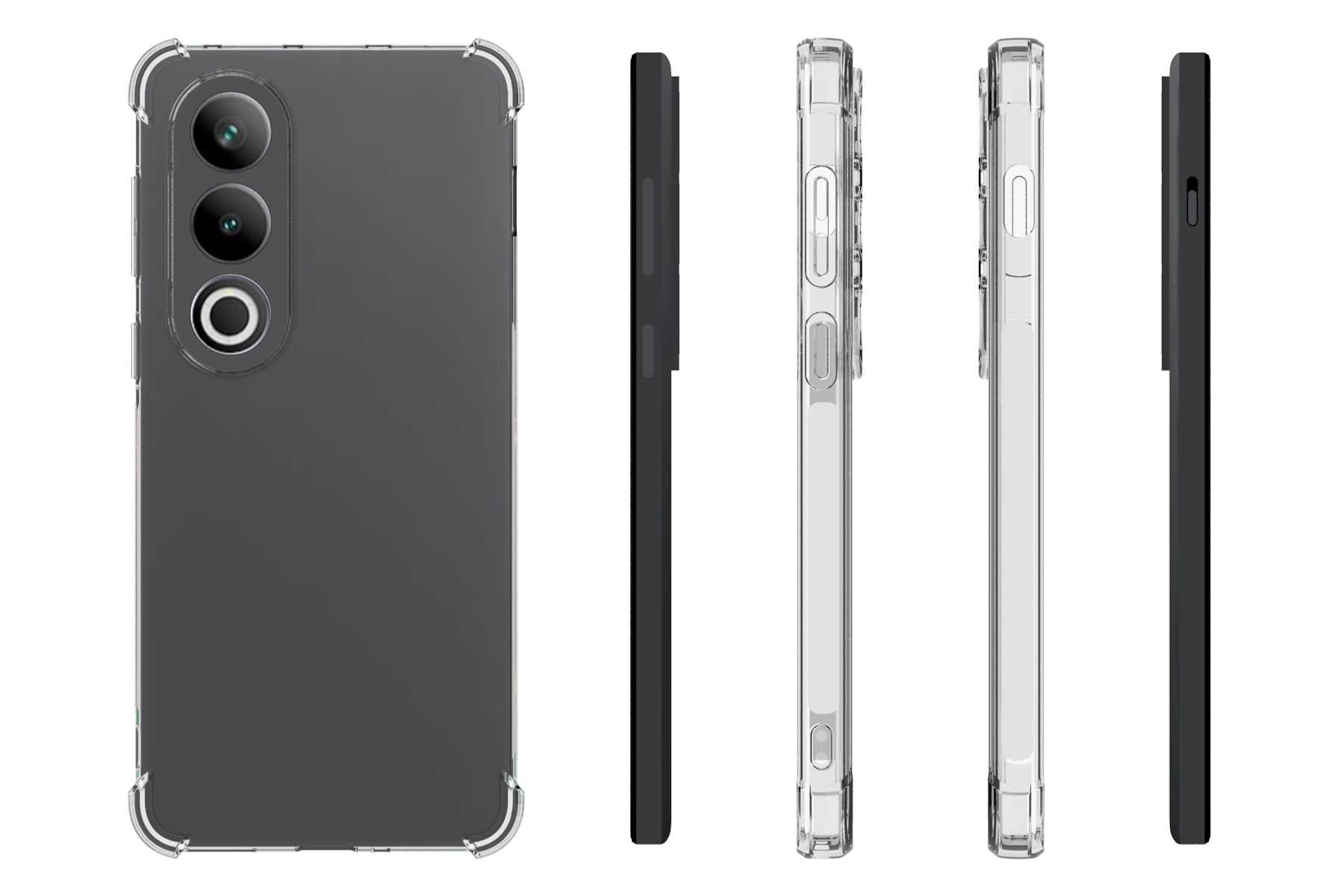 Eine Handyhülle in verschiedenen Ansichten. Sie ist schwarz und durchsichtig. Das Telefon hat drei Kameralinsen.