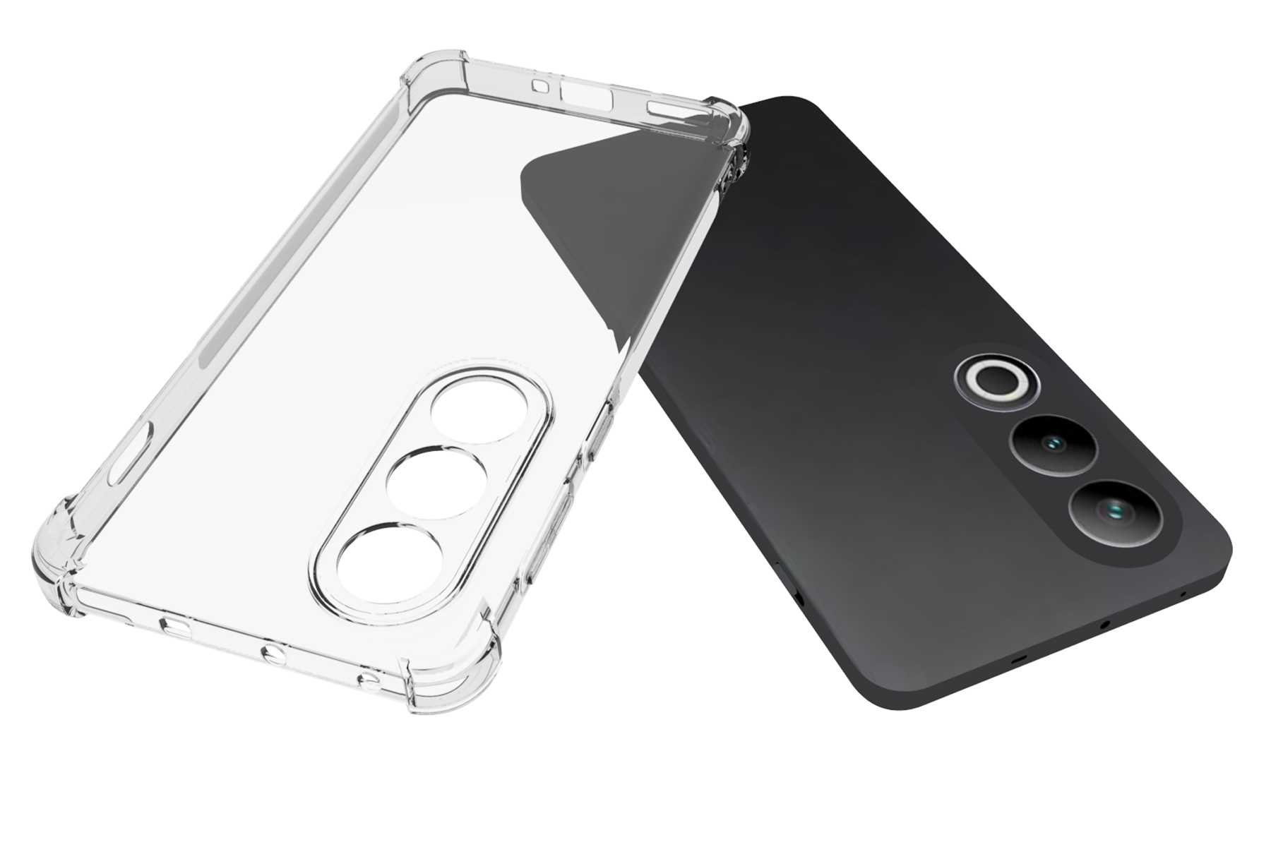 Smartphone mit durchsichtiger Hülle. Das Telefon ist schwarz, mit Dreifachkamera.