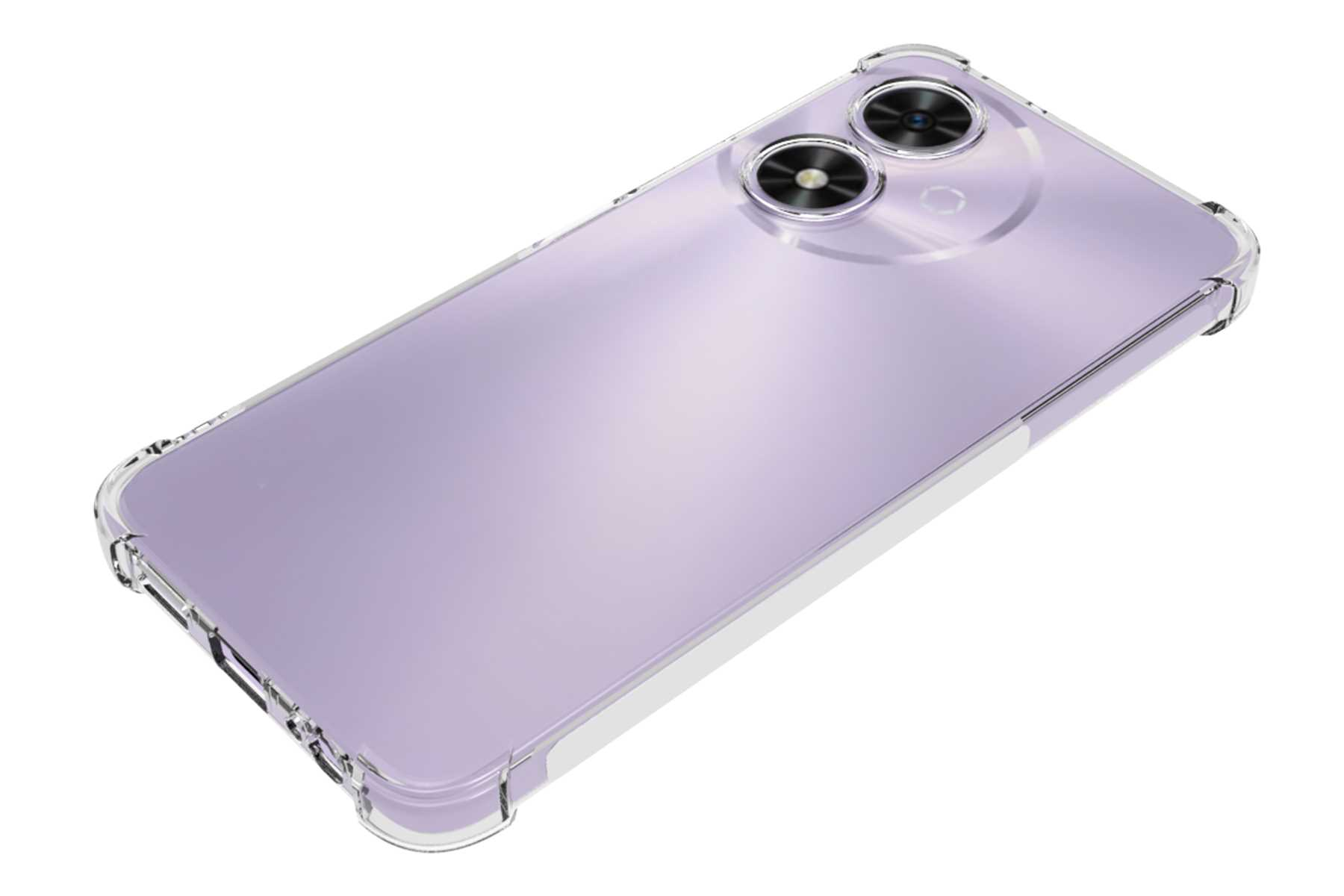 Lila Telefon mit klarer Hülle, zwei Kameralinsen.