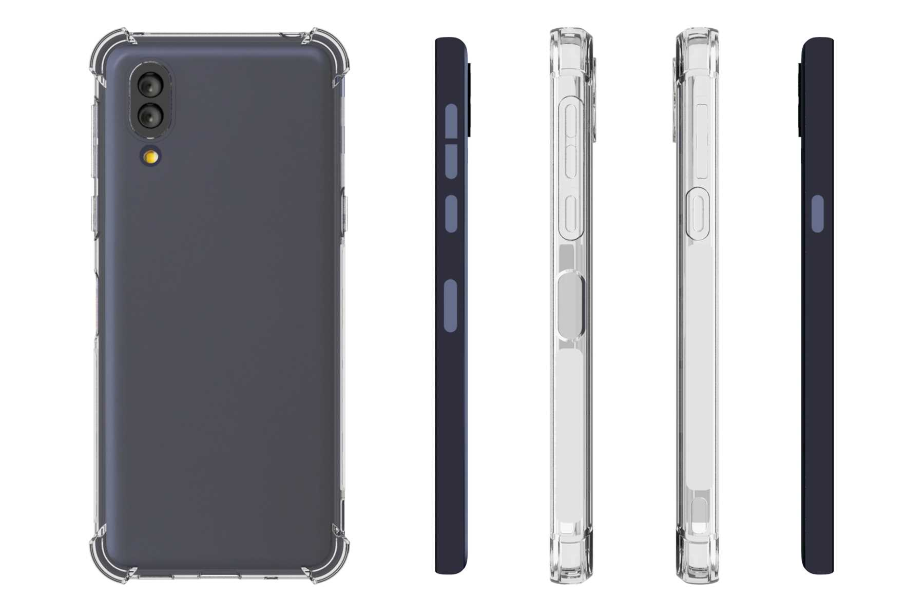 Telefon in klarer Hülle. Rück- und Seitenansichten. Das Telefon ist dunkelblau und hat eine Dual-Kamera.