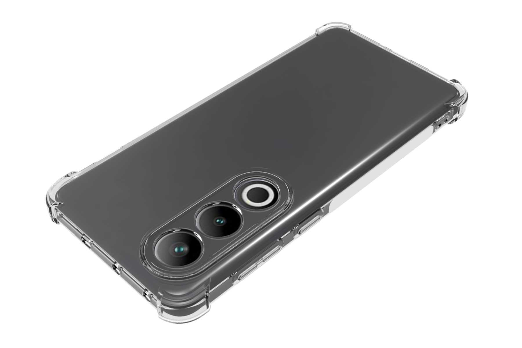 Eine transparente Handyhülle mit einem Telefon darin. Die Hülle hat verstärkte Ecken. Die Kamera des Telefons ist sichtbar.