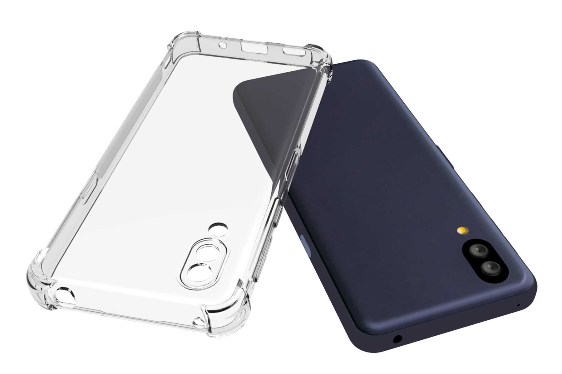 Transparente Handyhülle und ein marineblaues Telefon. Die Hülle ist über dem Telefon.
