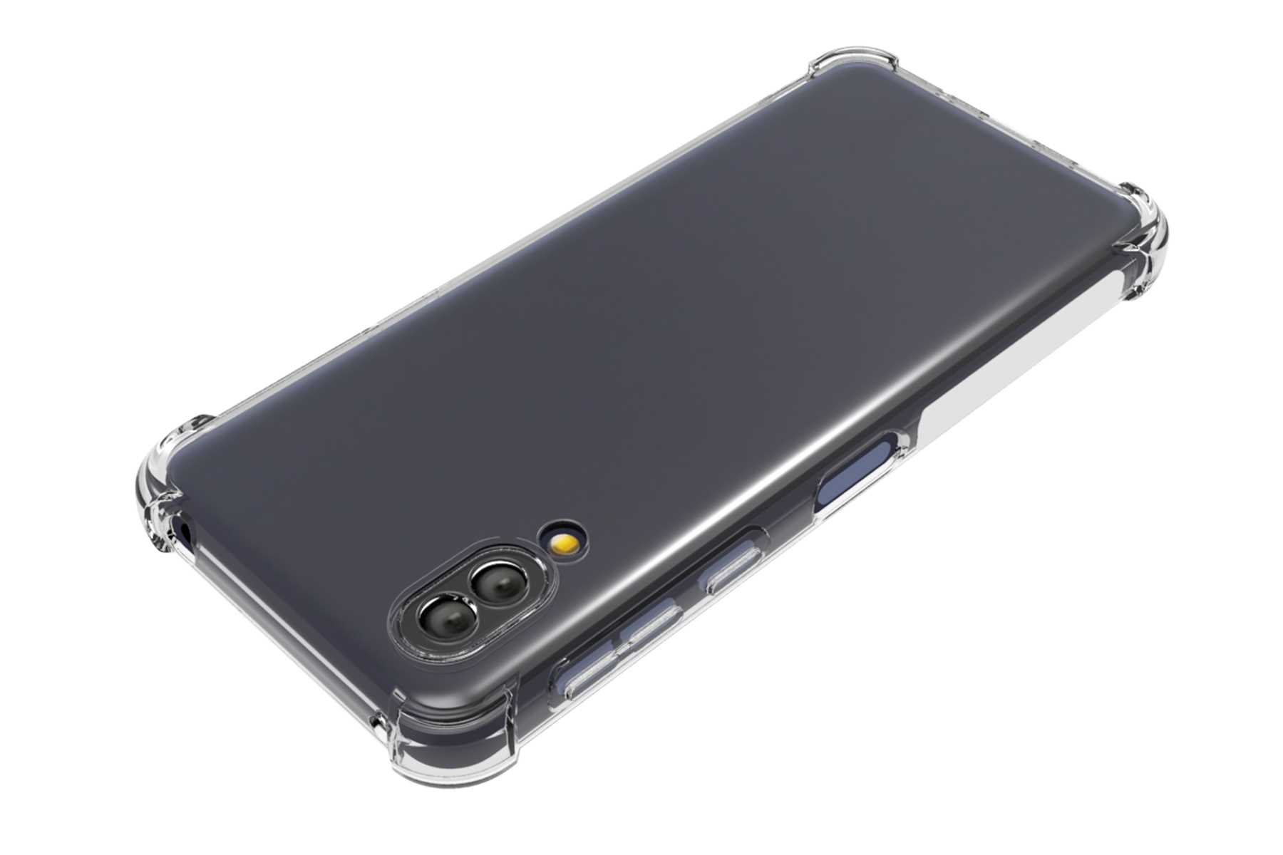 Telefon in einer transparenten Hülle. Die Hülle hat einen transparenten Rand, das Telefon ist schwarz.