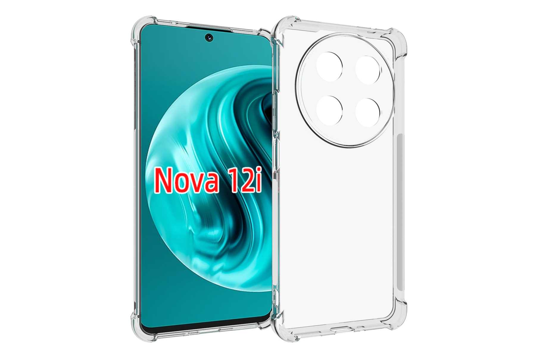 Ein Telefon in einer transparenten Hülle, mit dem Text Nova 12i und einem gewölbten Hintergrund.