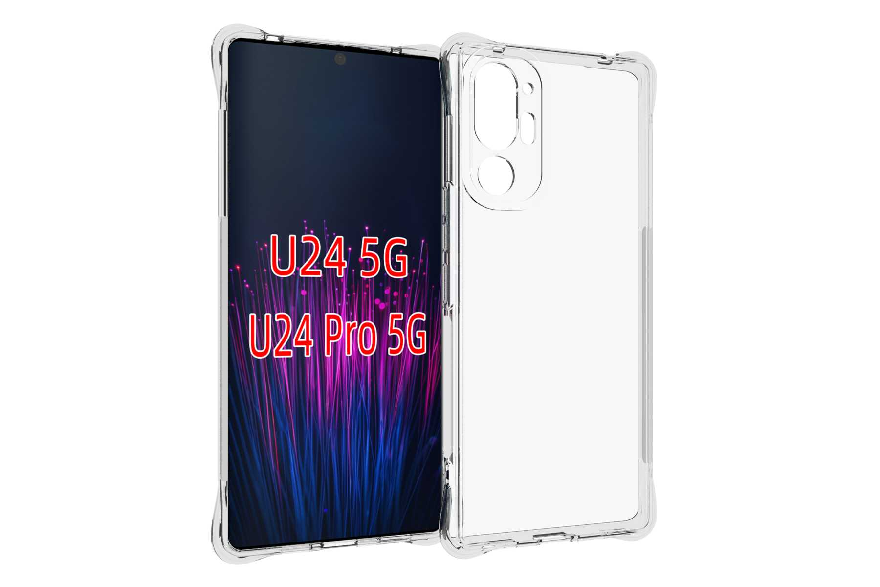 Eine transparente Handyhülle neben einem Handy mit dem Text 'U24 5G' und 'U24 Pro 5G' auf dem Bildschirm.