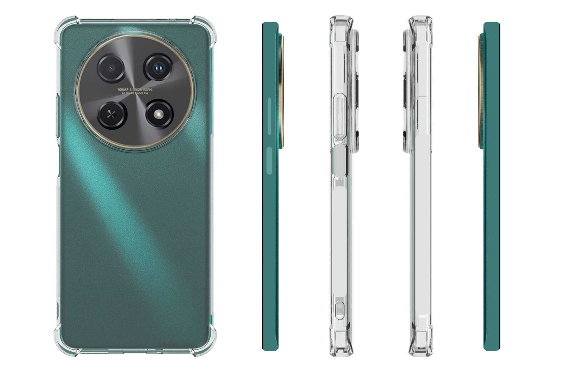 Smartphone in durchsichtiger Hülle, Rückseite mit Kamera und Seitenansichten vor weißem Hintergrund.