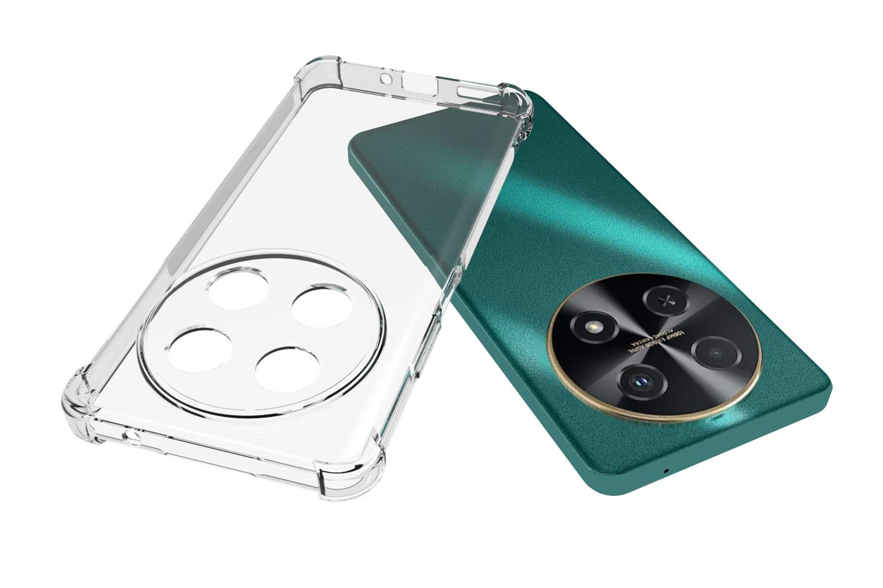 Grünes Telefon mit einer transparenten Hülle, das das Kamera-Design des Telefons zeigt.