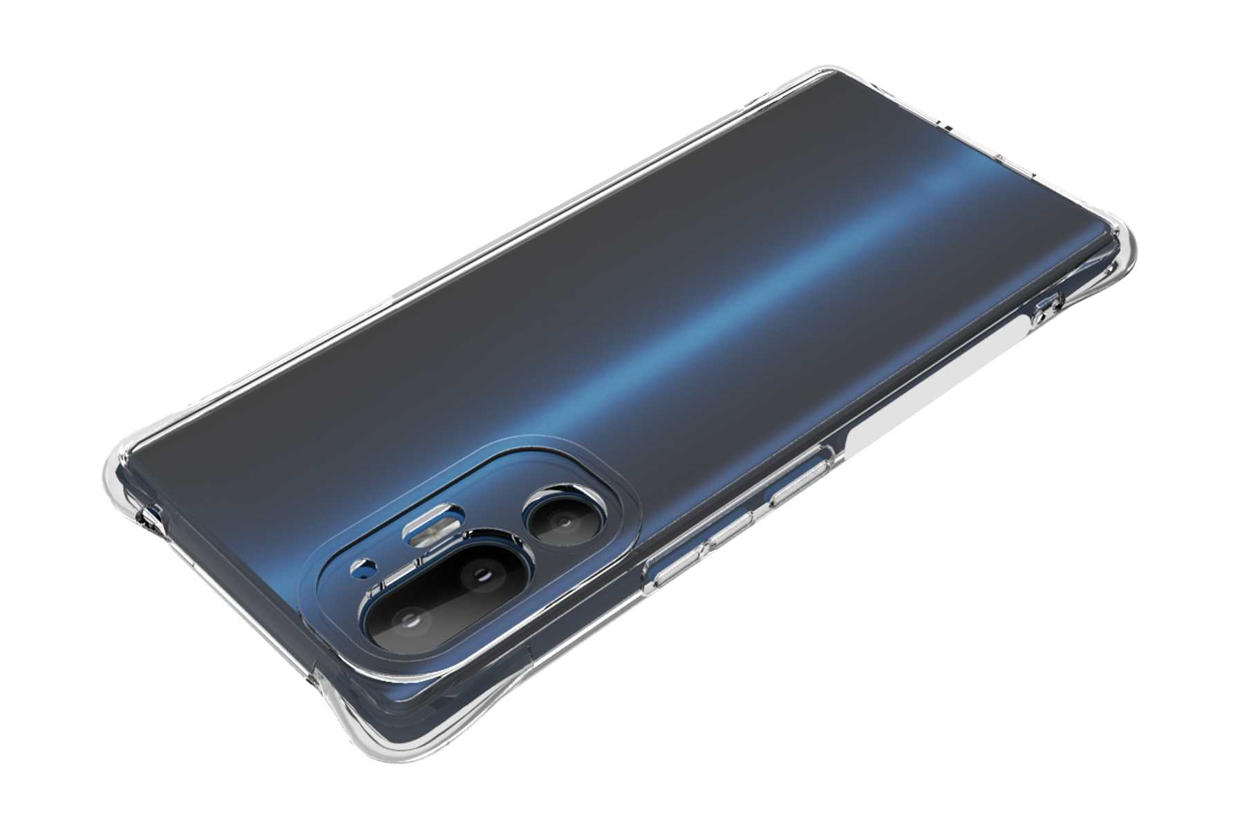 Eine transparente Handyhülle auf einem blauen Gradienten-Telefon. Die Hülle zeigt Kamera und Umriss des Telefons.