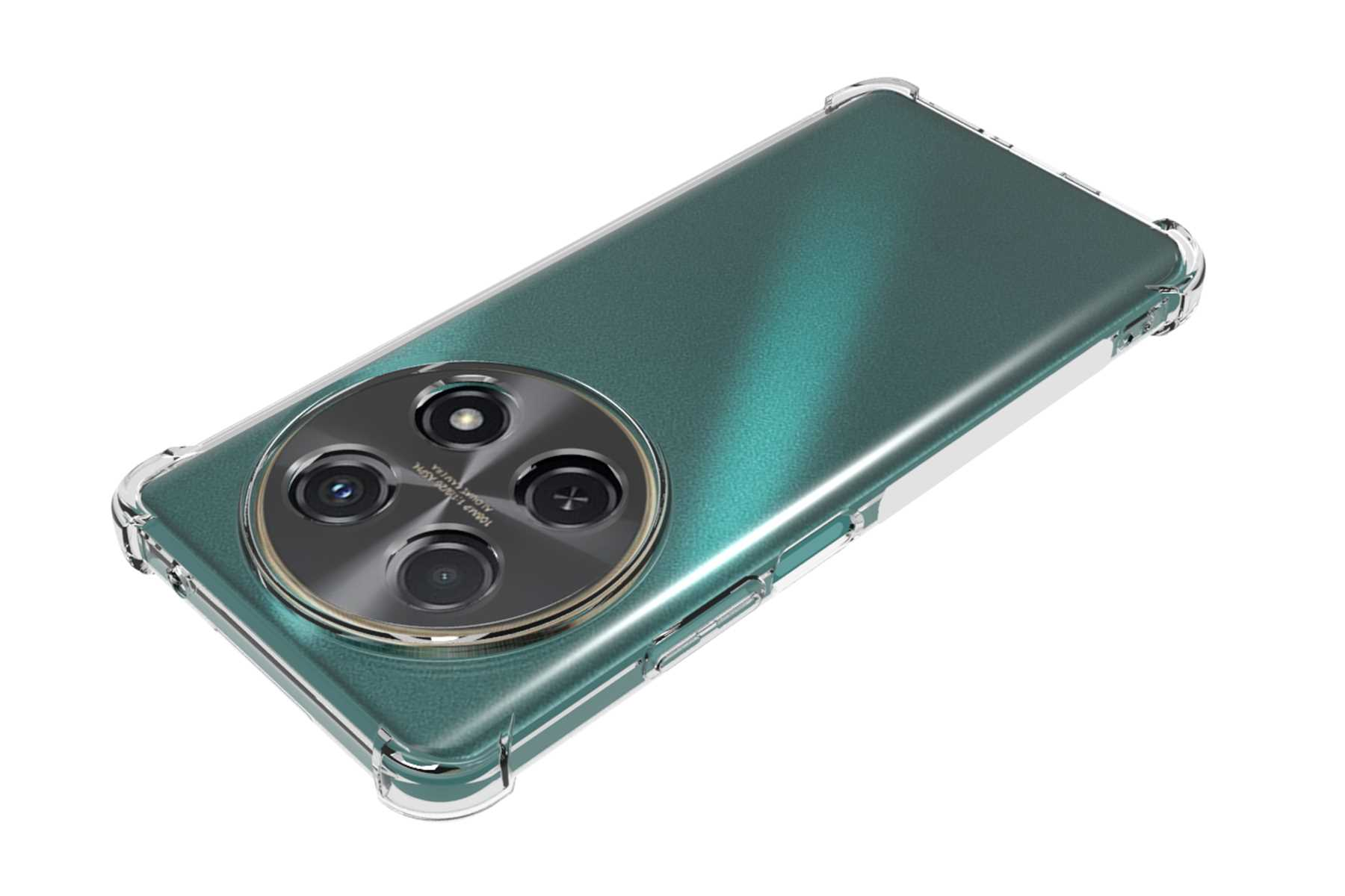 Ein grünes Telefon ist in einer transparenten Hülle eingeschlossen. Die Rückseite hat ein Kameramodul.